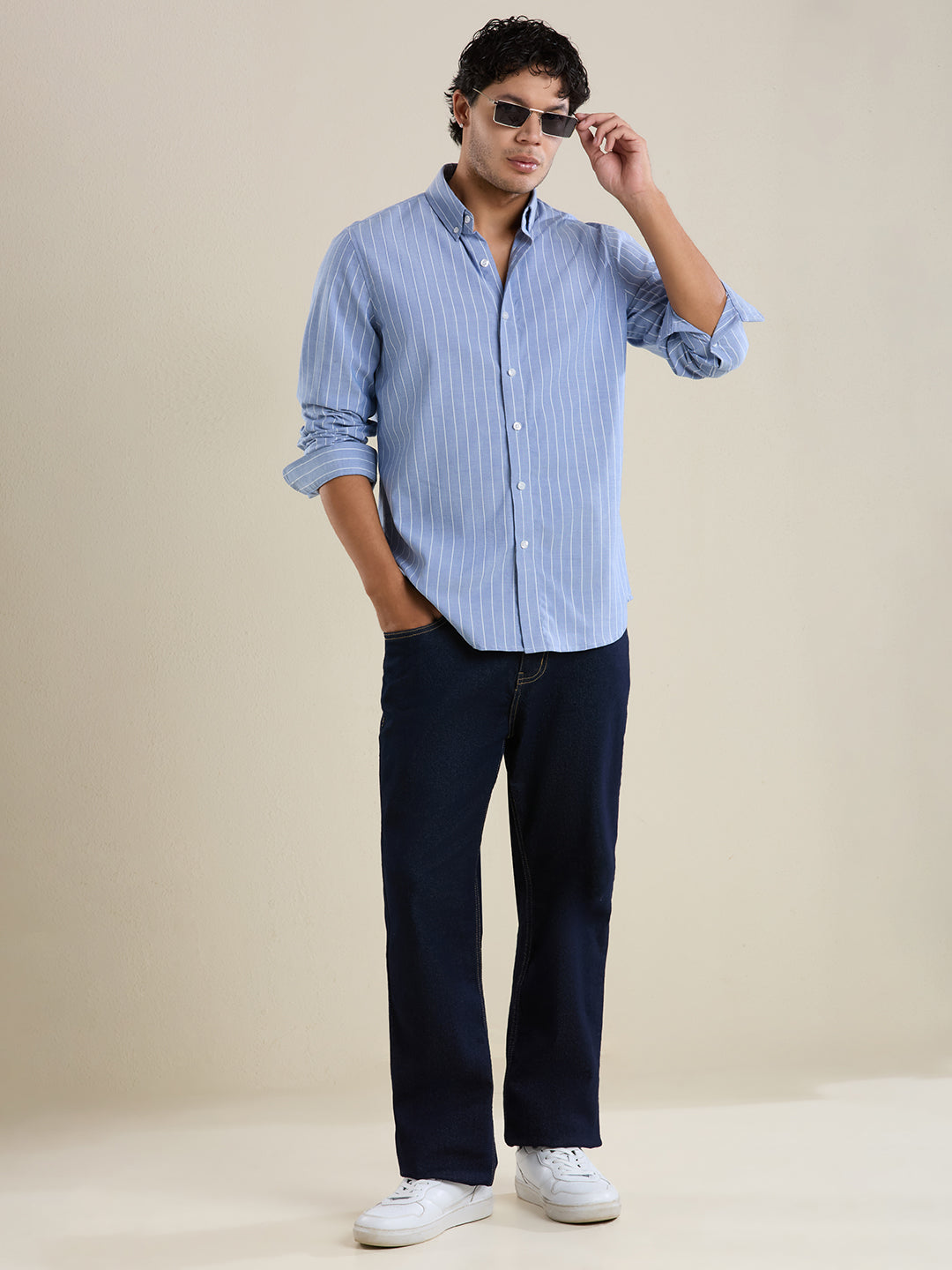 Men's Slim Fit Sky Blue Striped Oxford Cotton Casual Shirt | Mark & Albert