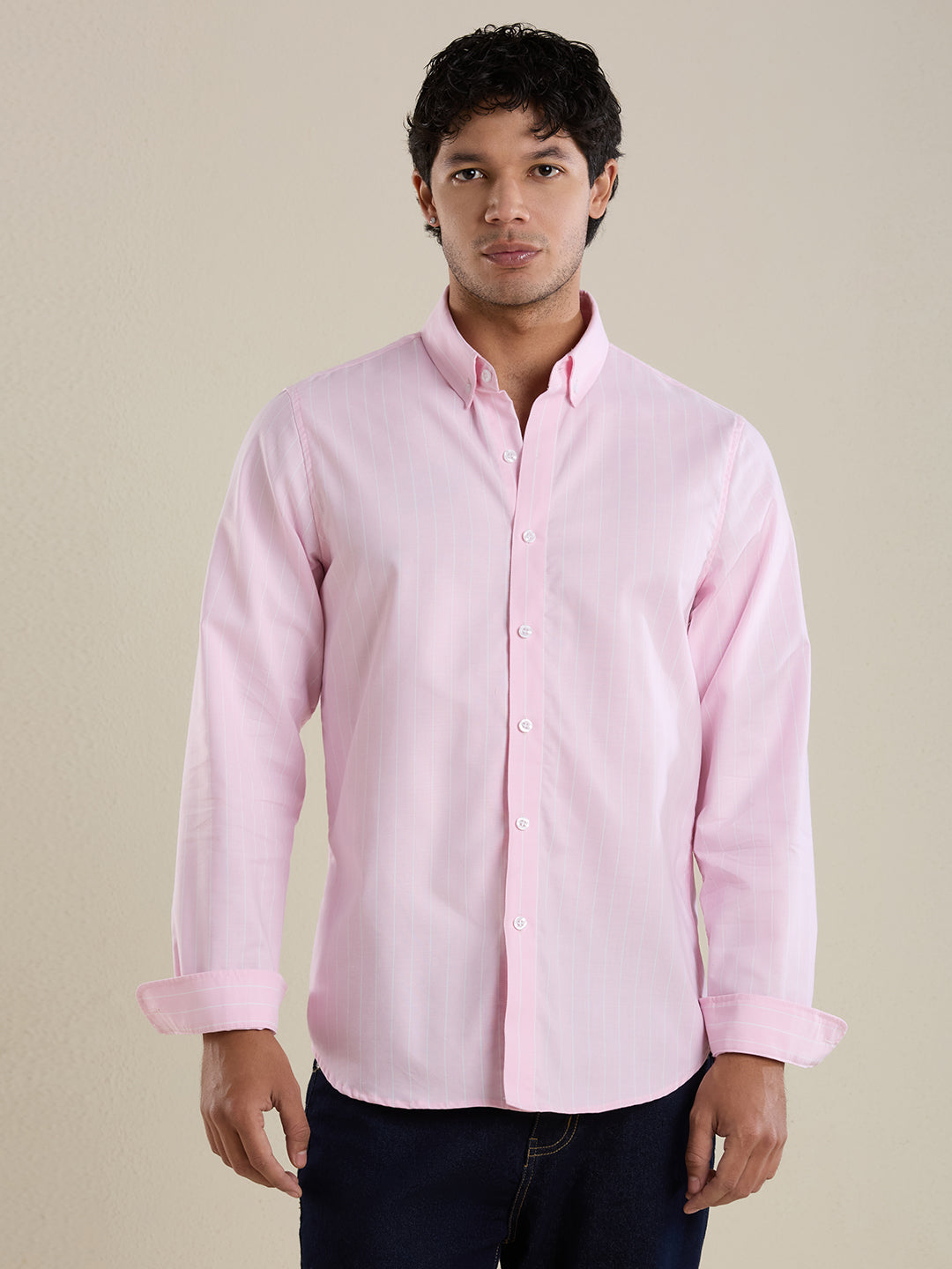 Men's Slim Fit Pink Striped Oxford Cotton Casual Shirt | Mark & Albert