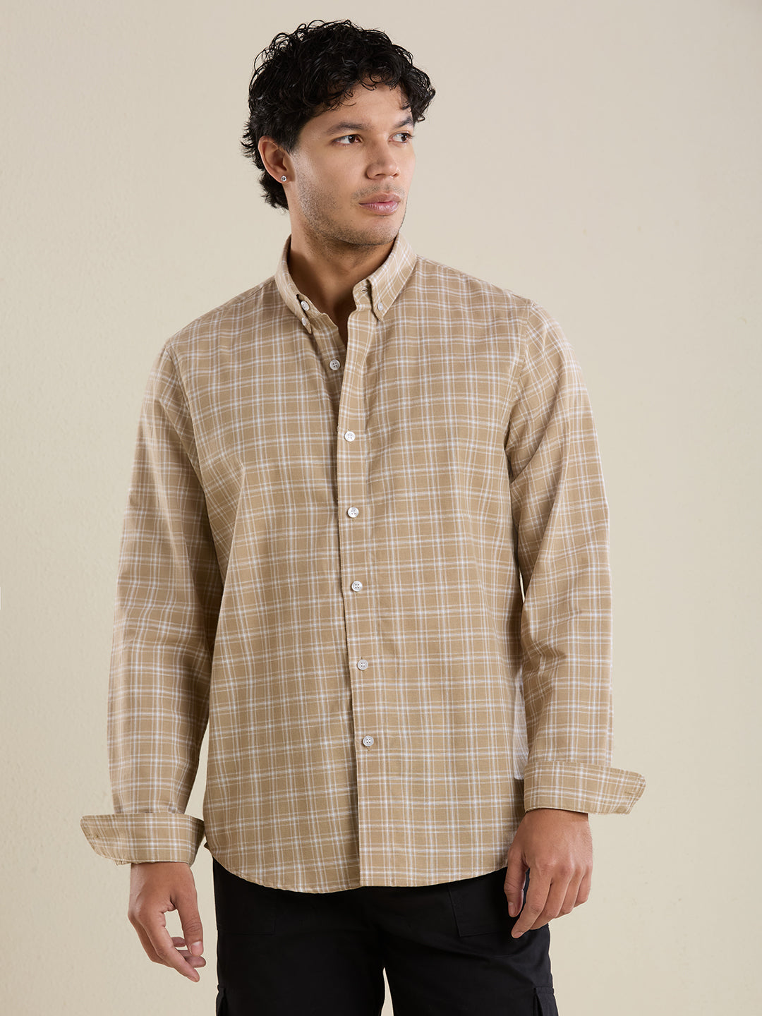 Men's Slim Fit Desert Sand Checkered Cotton Casual Shirt