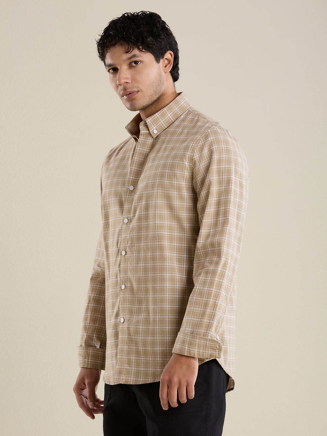 Men's Slim Fit Desert Sand Checkered Cotton Casual Shirt