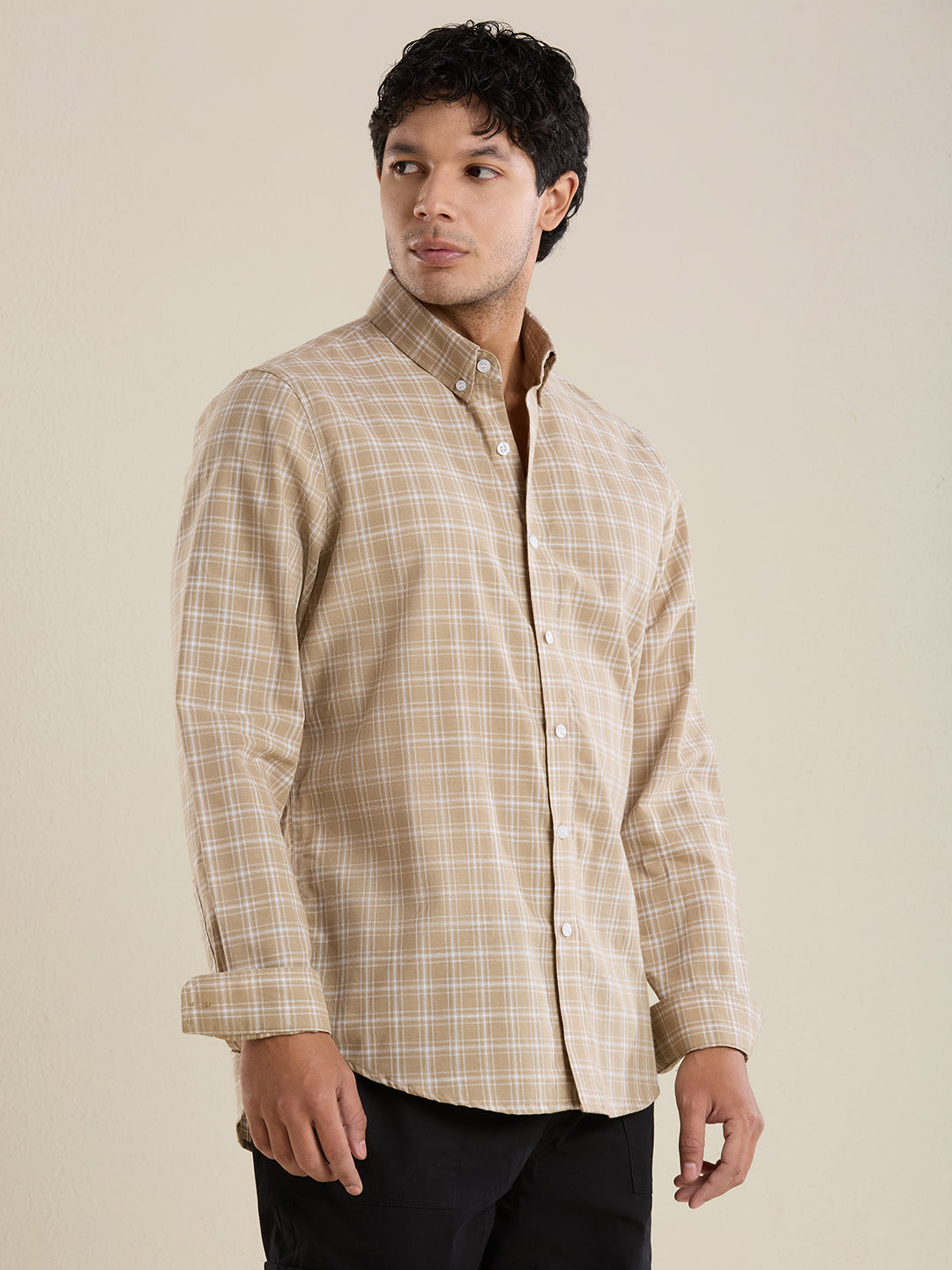 Men's Slim Fit Desert Sand Checkered Cotton Casual Shirt