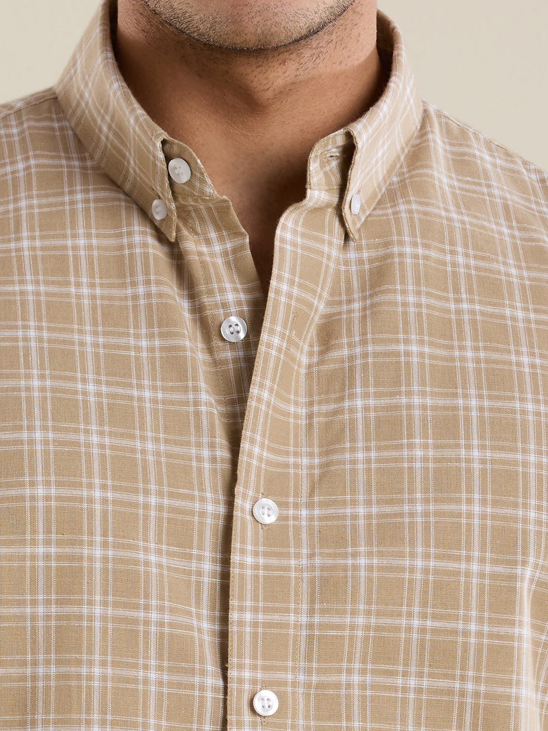 Men's Slim Fit Desert Sand Checkered Cotton Casual Shirt