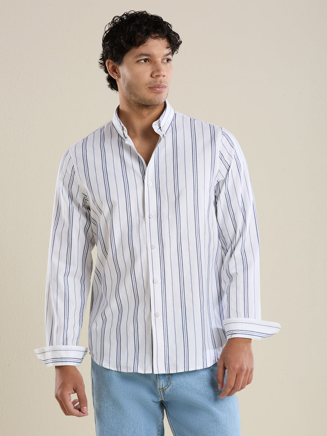 Men's Slim Fit Striped Oxford Cotton Casual Shirt