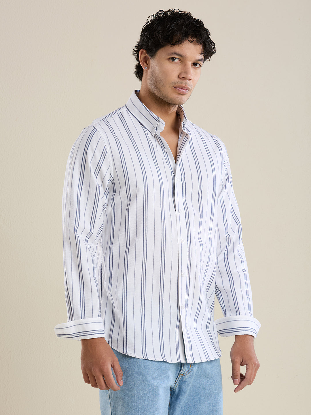 Men's Slim Fit White Striped Oxford Cotton Casual Shirt | Mark & Albert