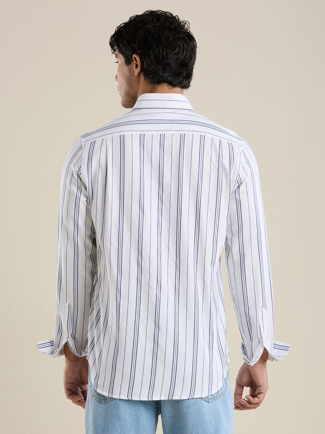 Men's Slim Fit White Striped Oxford Cotton Casual Shirt | Mark & Albert