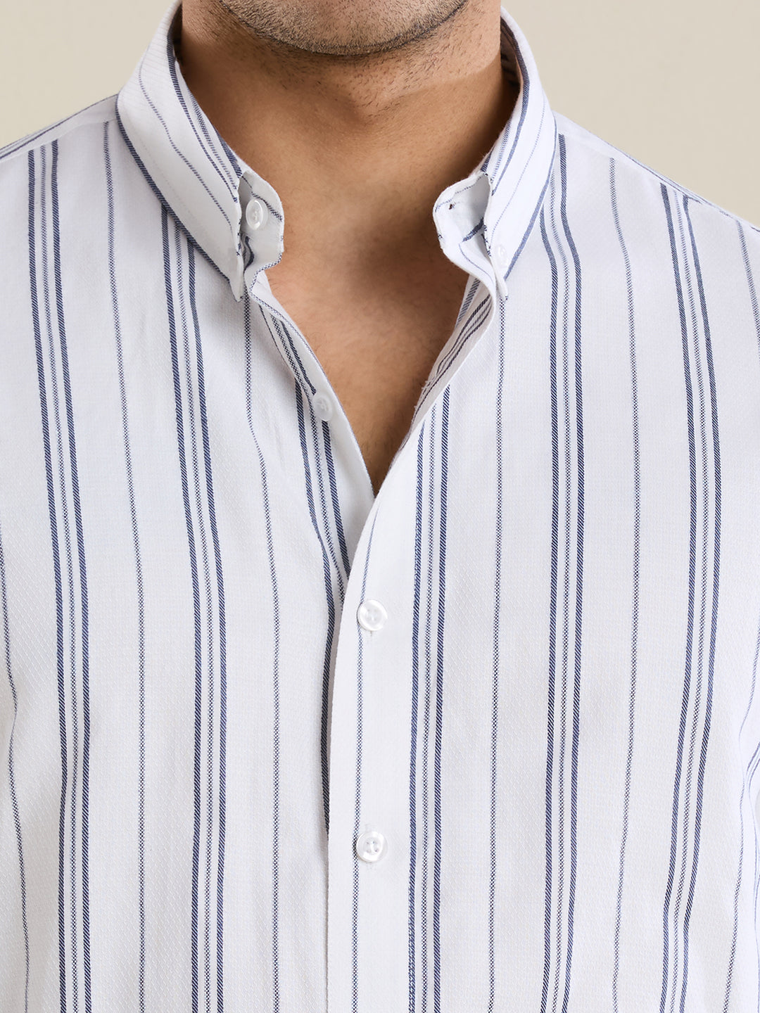 Men's Slim Fit White Striped Oxford Cotton Casual Shirt | Mark & Albert