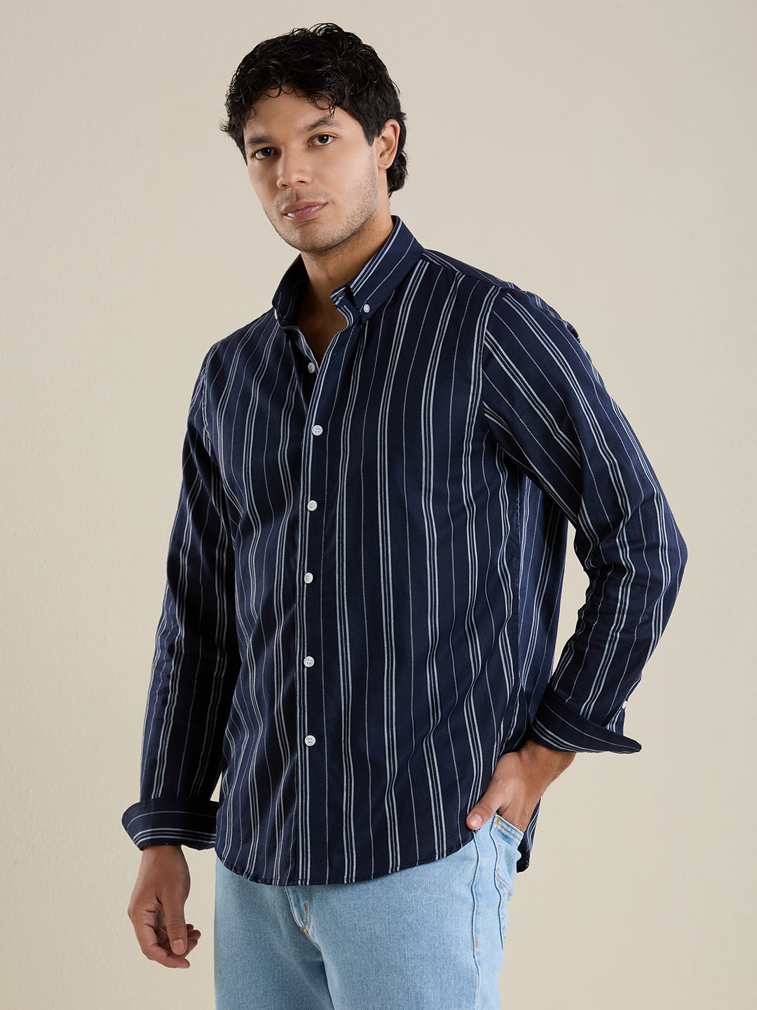 Men's Slim Fit Blue Striped Oxford Cotton Casual Shirt | Mark & Albert