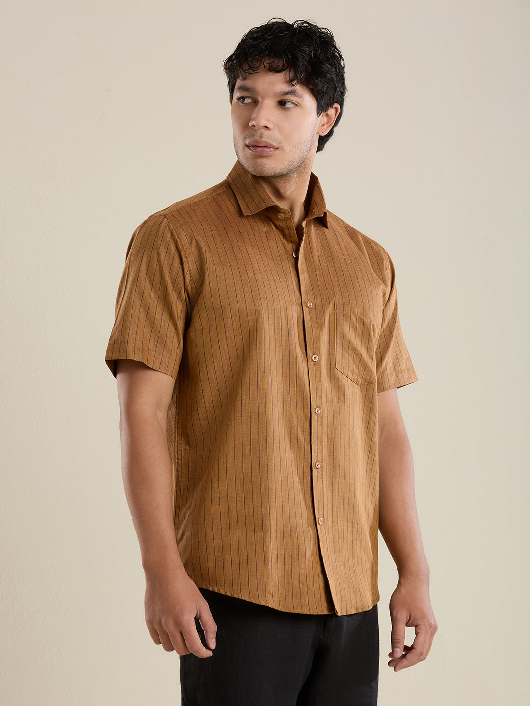 Men's Half Sleeve Striped Cotton Linen Shirt