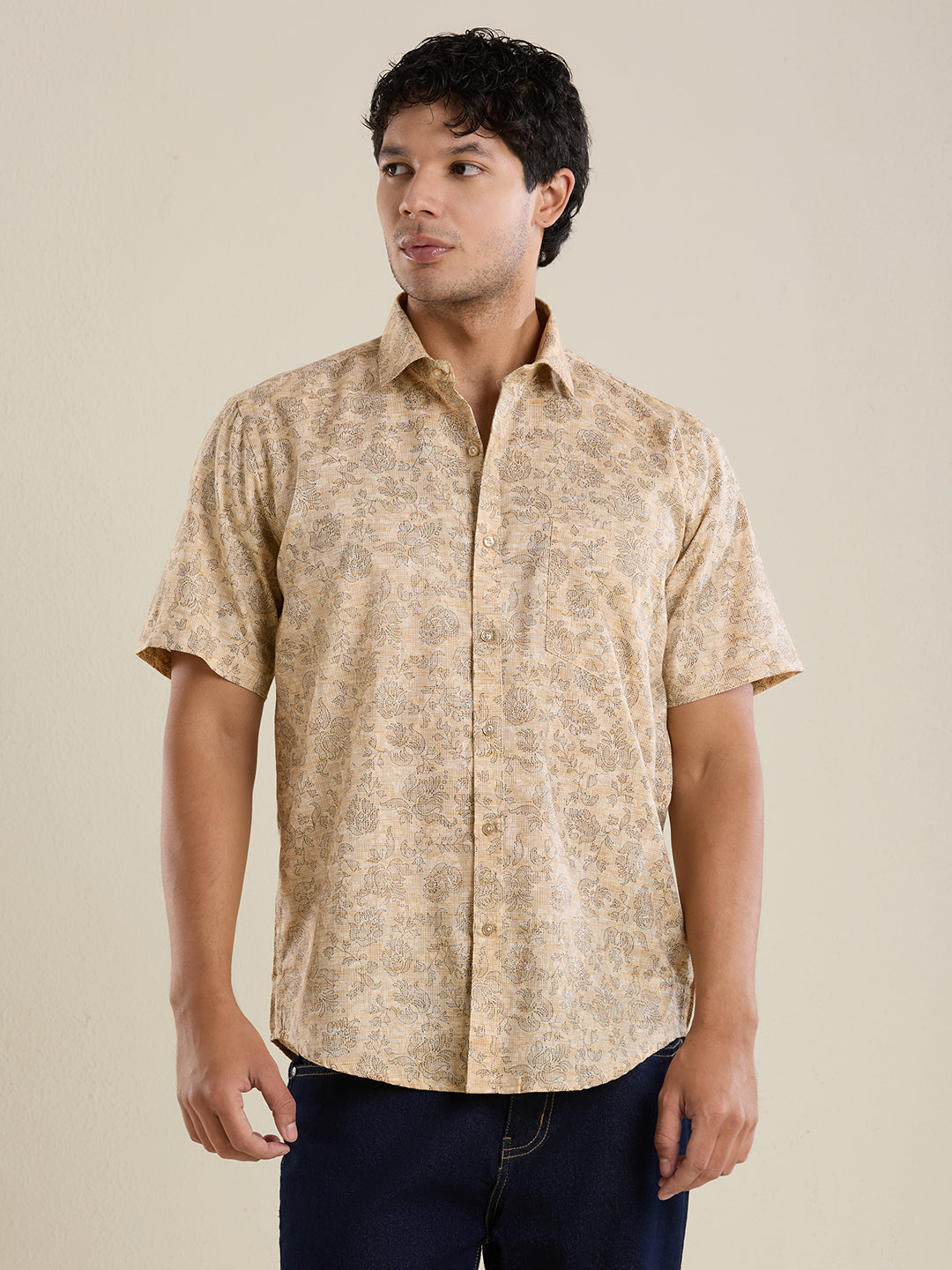 Men's Slim Fit Ochre Floral Cotton Linen Shirt