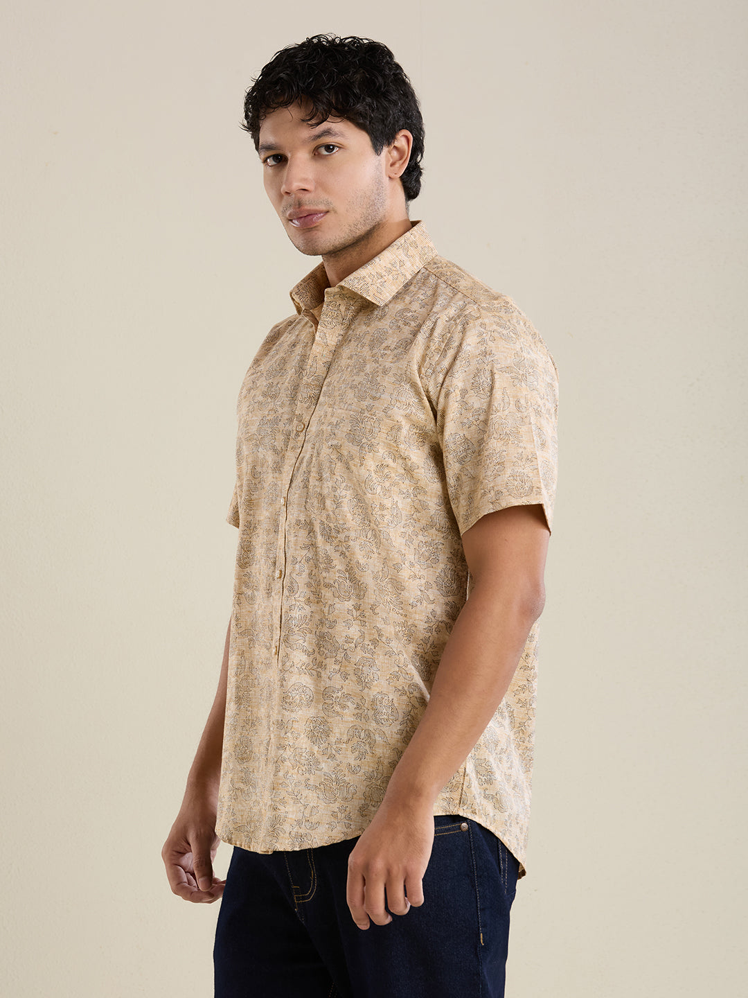Men's Slim Fit Ochre Floral Cotton Linen Shirt