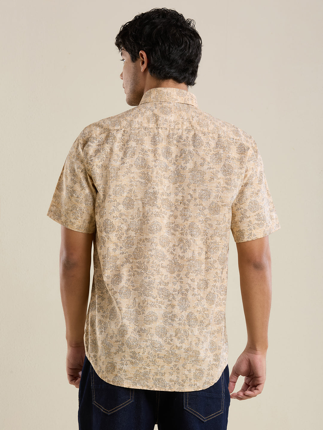 Men's Slim Fit Ochre Floral Cotton Linen Shirt