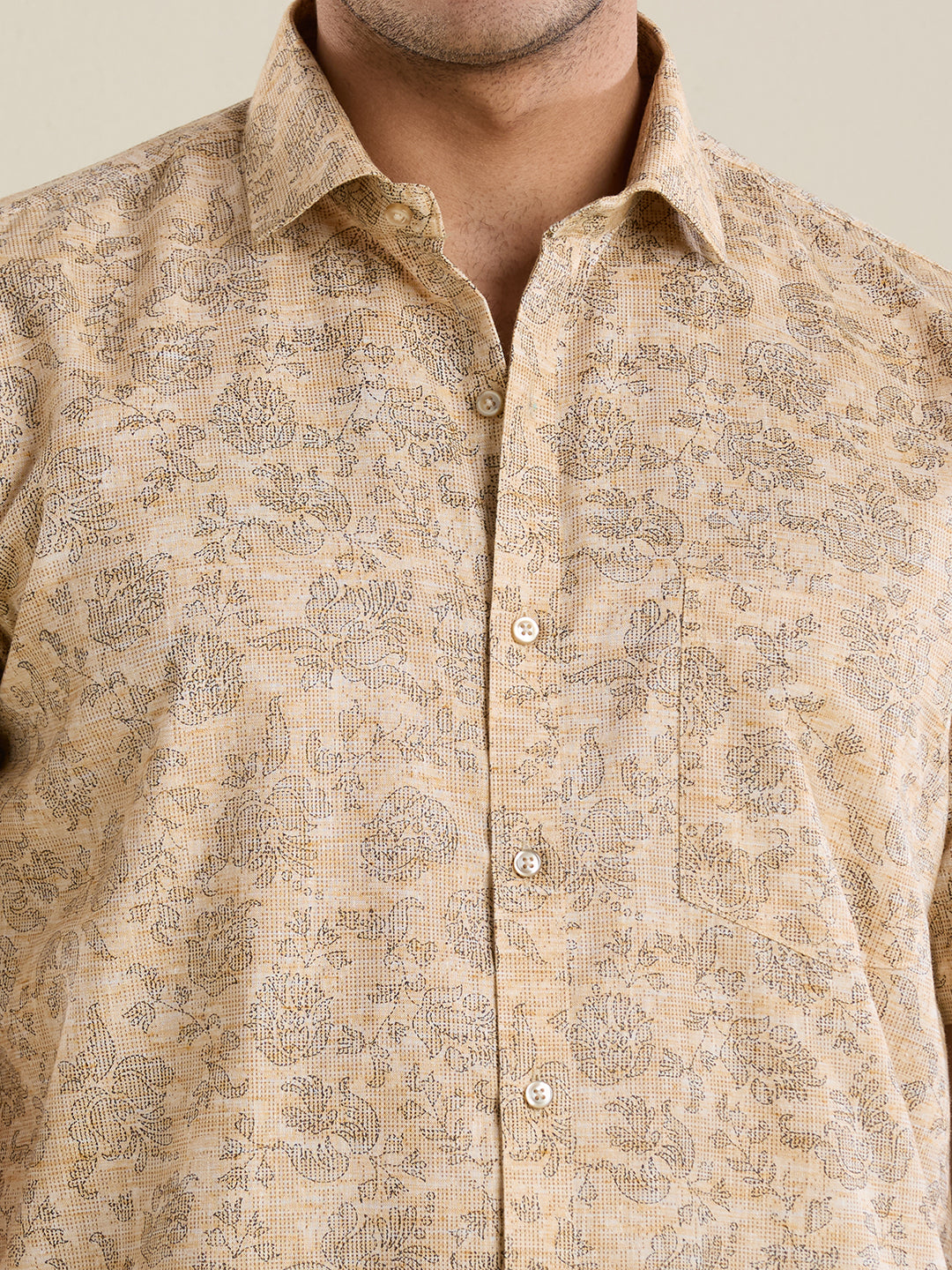 Men's Slim Fit Ochre Floral Cotton Linen Shirt