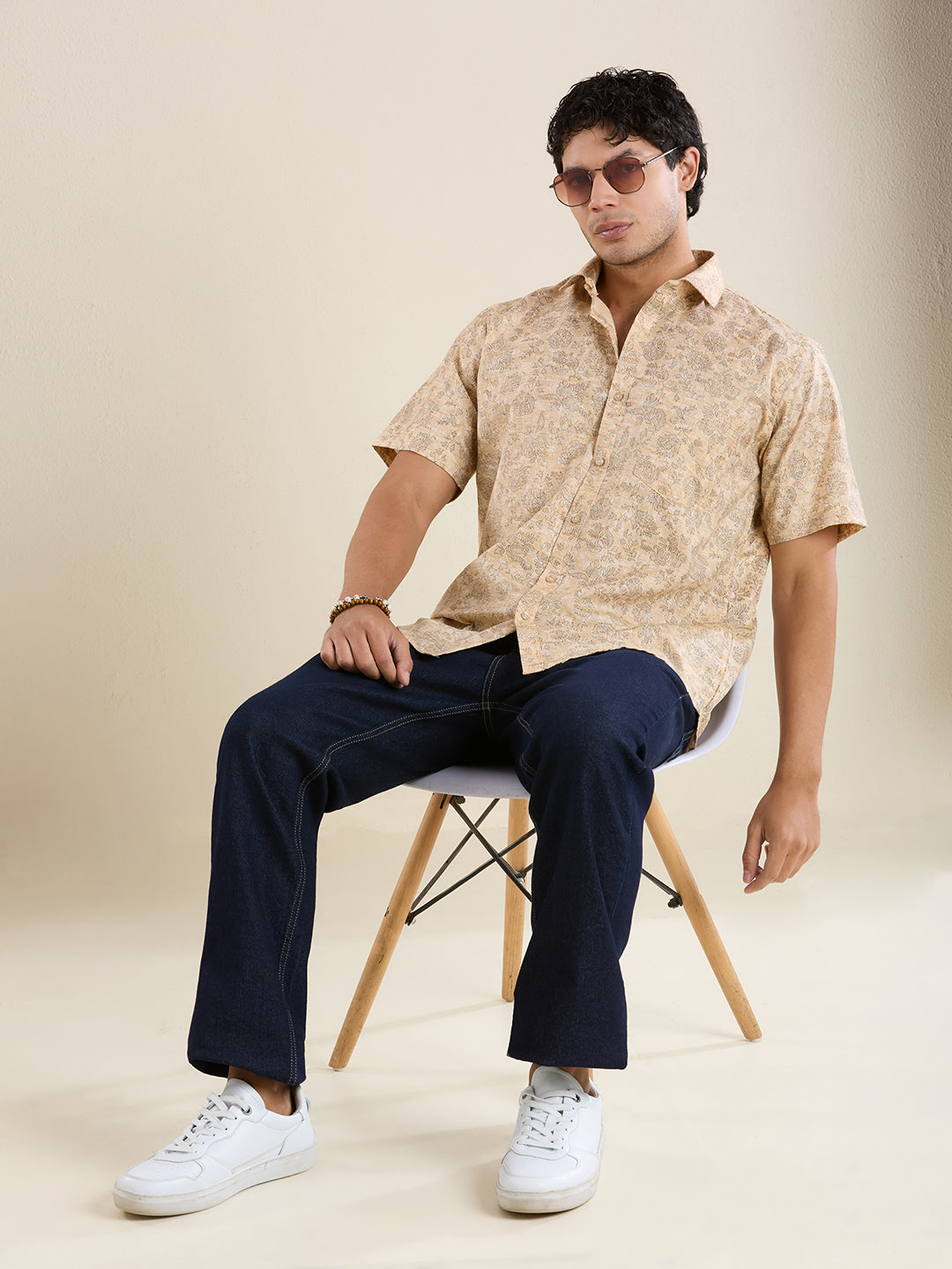 Men's Slim Fit Ochre Floral Cotton Linen Shirt