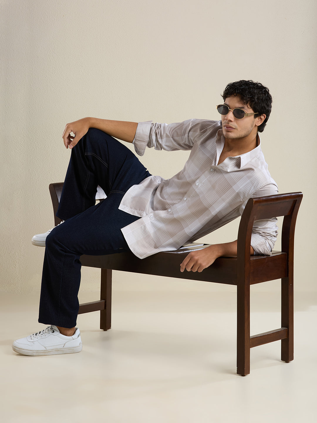 Men's Slim Fit Beige Checks Cotton Casual Shirt | Mark & Albert