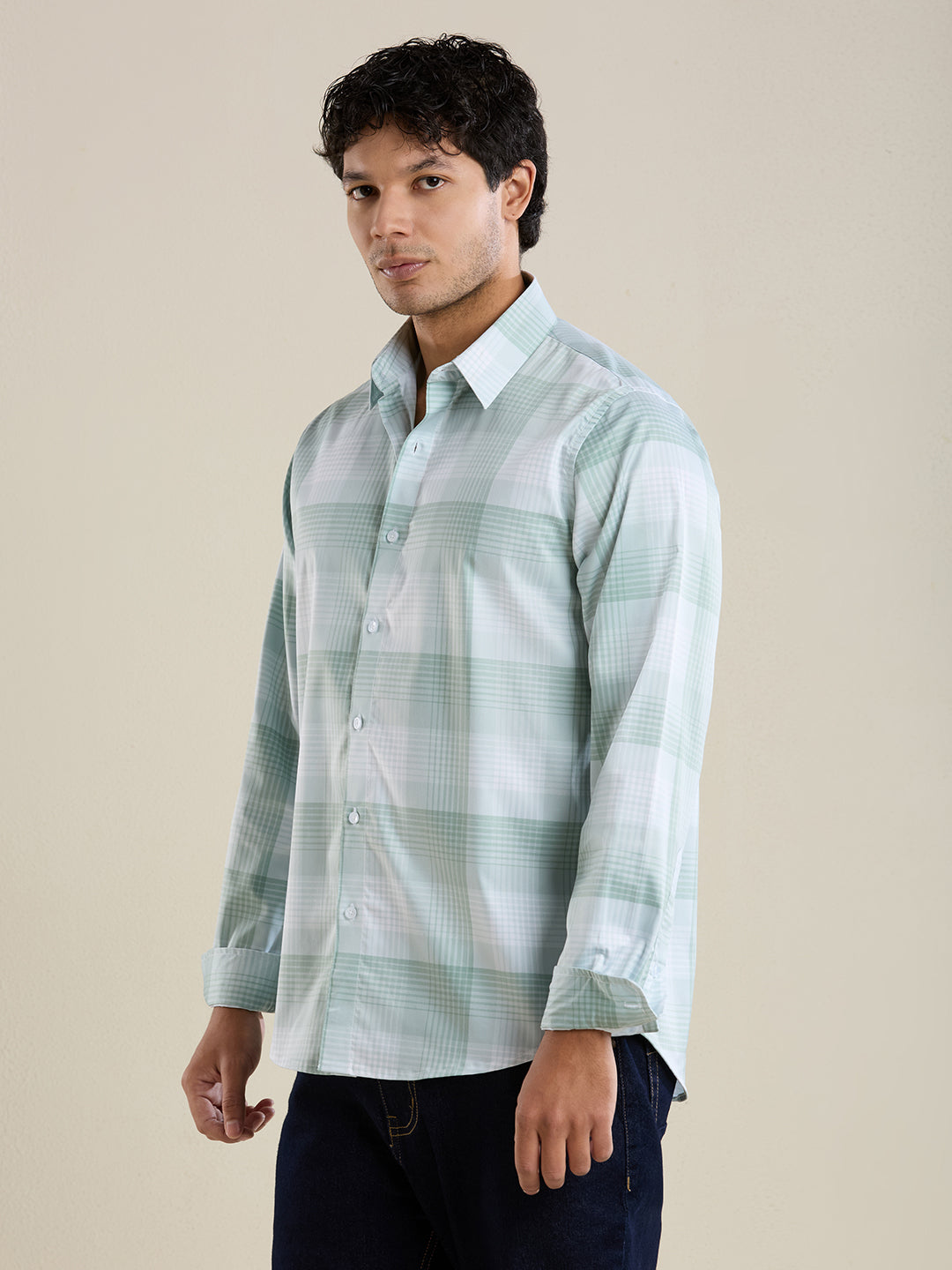 Men's Slim Fit Green Checks Cotton Casual Shirt | Mark & Albert