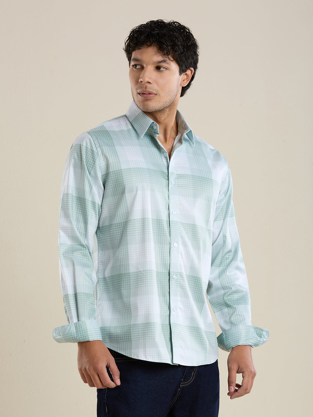 Men's Slim Fit Green Checks Cotton Casual Shirt | Mark & Albert