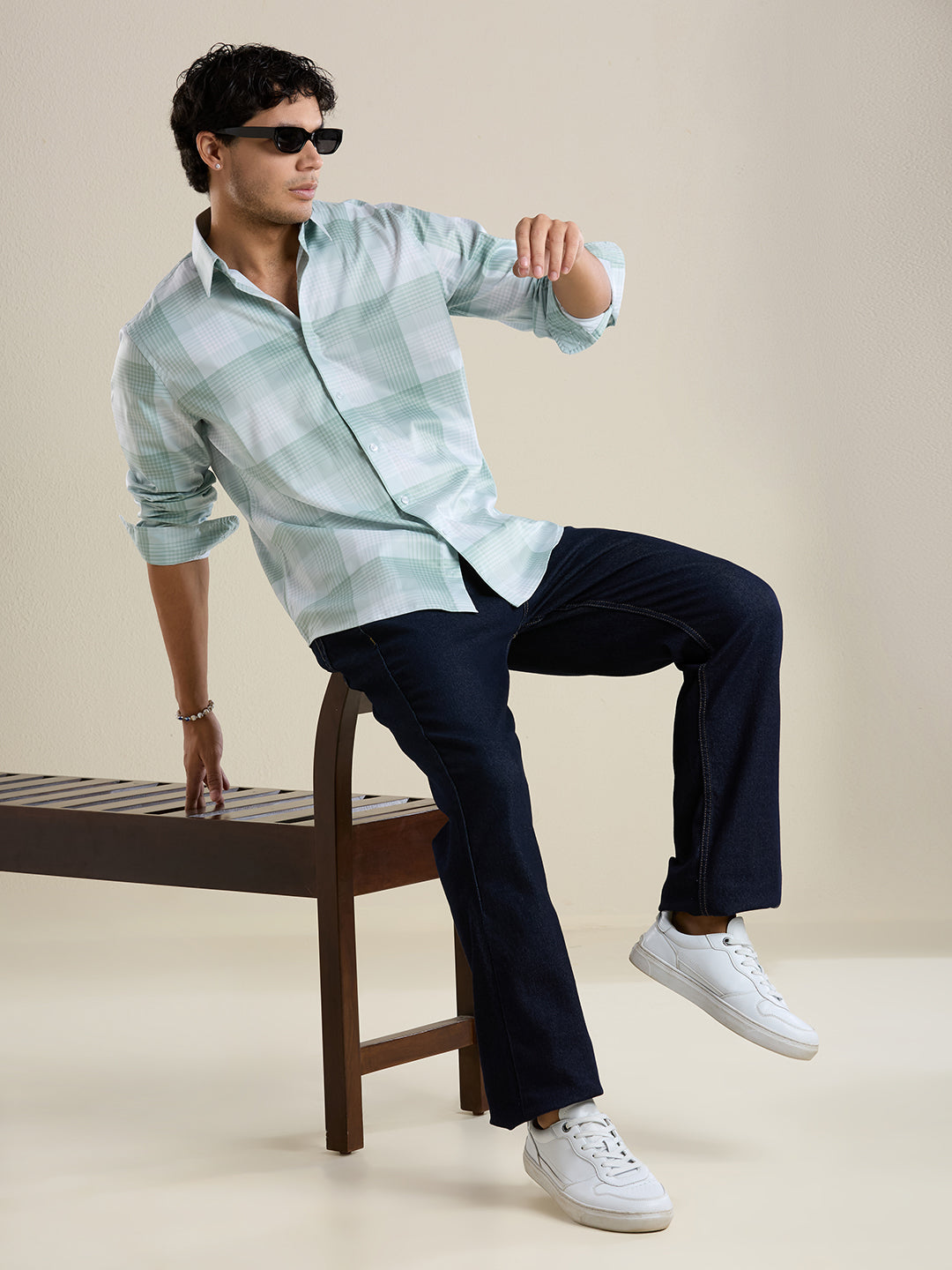 Men's Slim Fit Green Checks Cotton Casual Shirt | Mark & Albert
