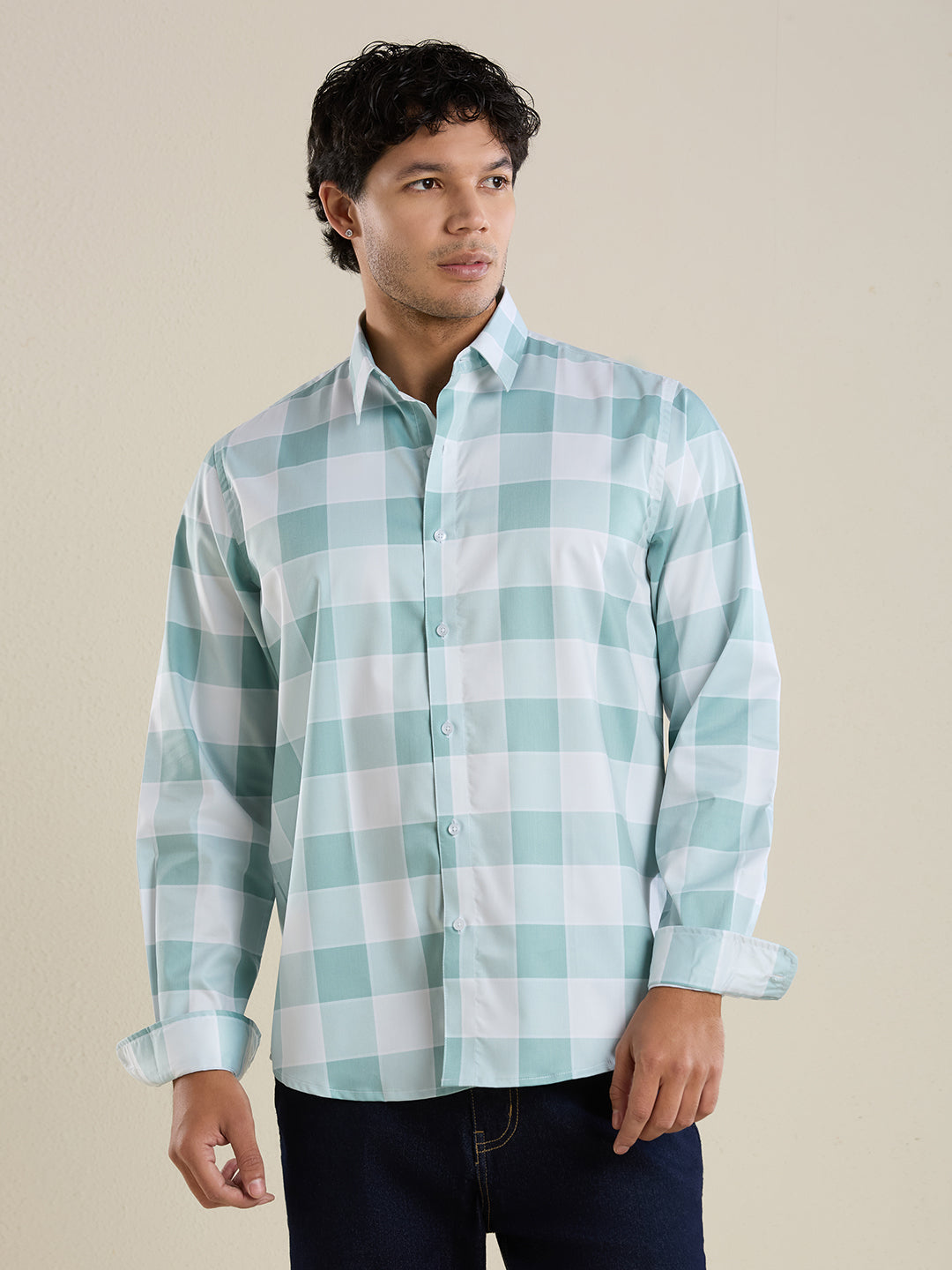 Men's Slim Fit Green Checks Cotton Casual Shirt | Mark & Albert