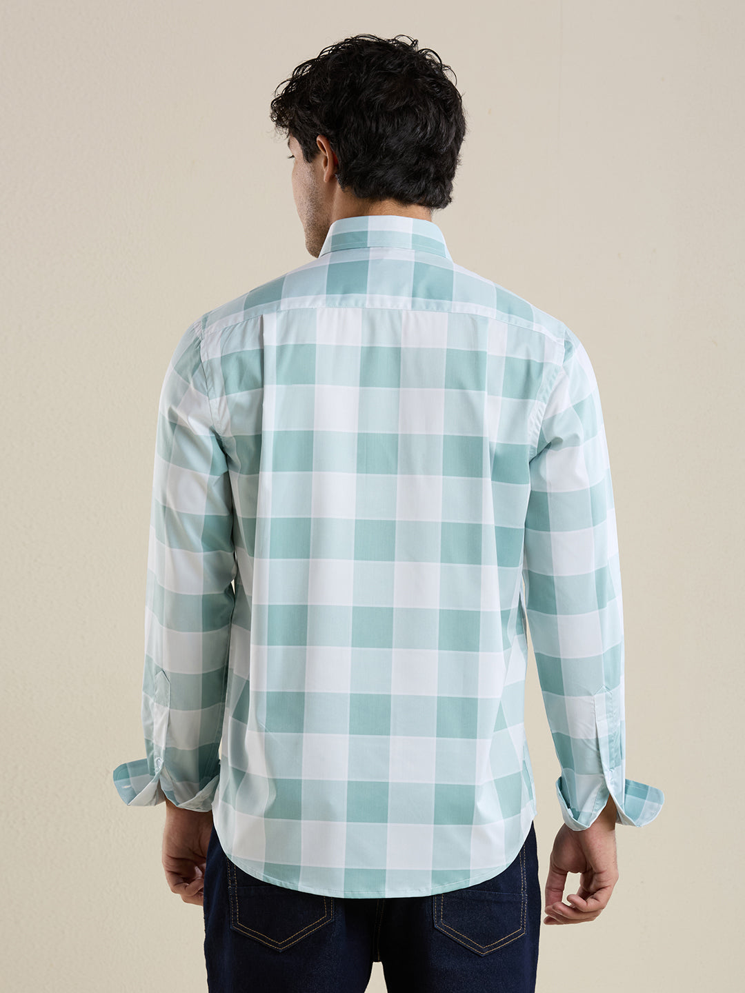 Men's Slim Fit Green Checks Cotton Casual Shirt | Mark & Albert