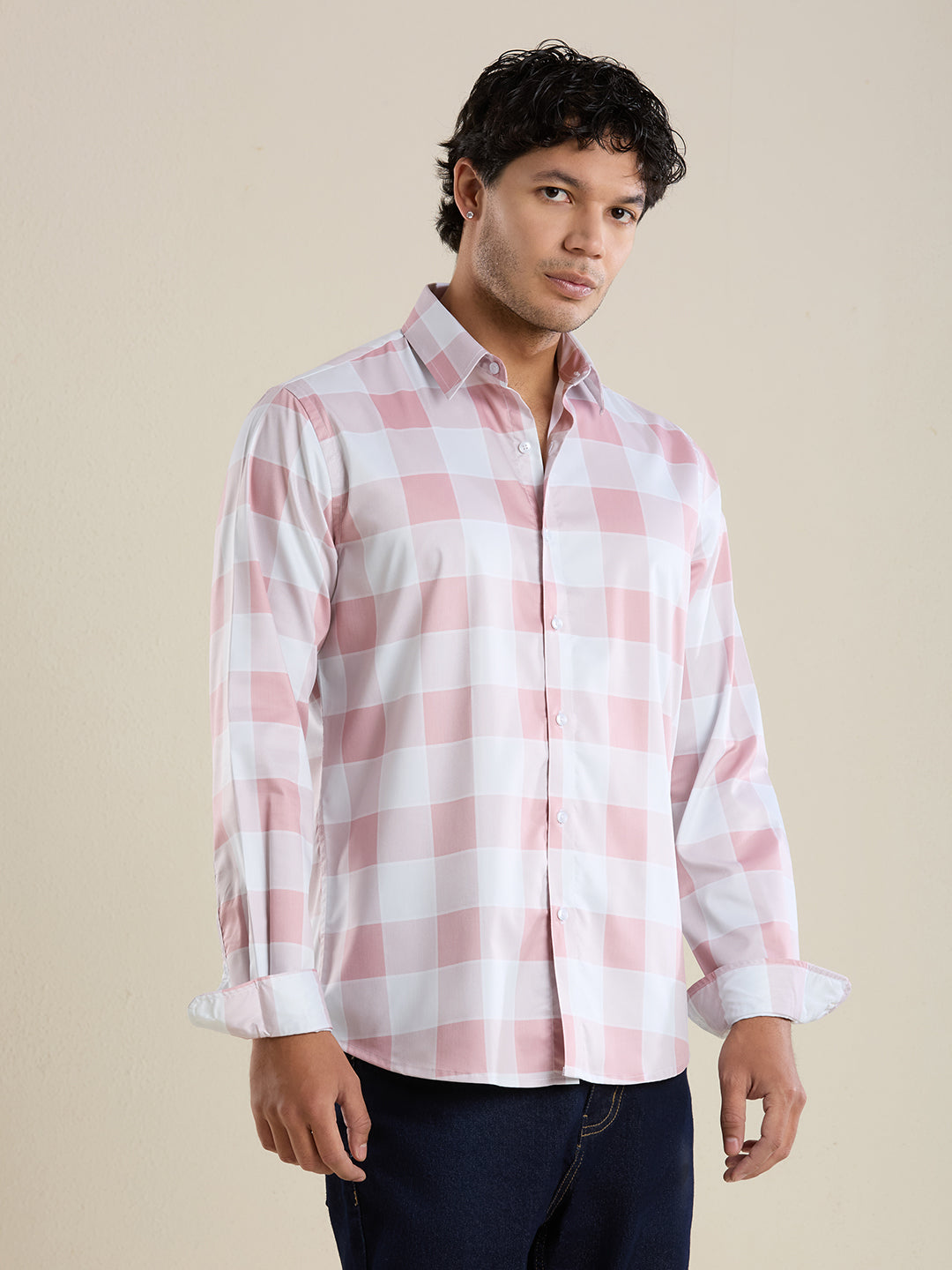 Men's Slim Fit Pink Checks Cotton Casual Shirt | Mark & Albert
