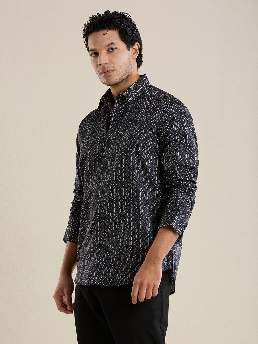 Men's Slim Fit Black Geometric Cotton Shirt