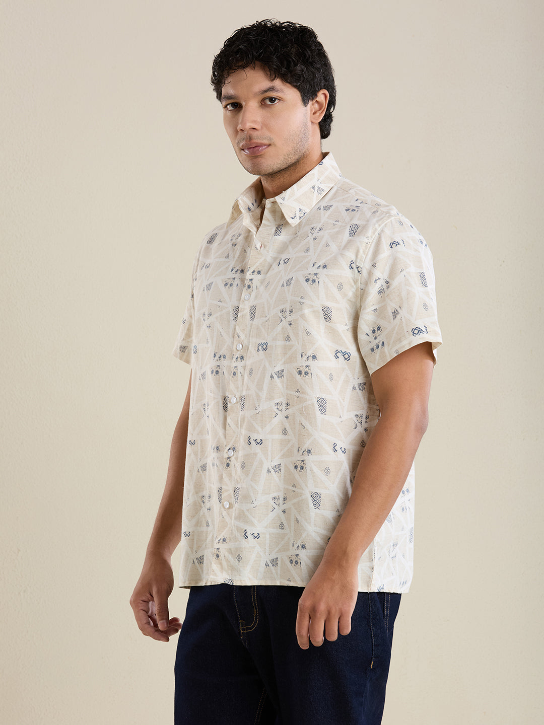 Men's Half-Sleeves Slim Fit Beige Printed Linen Shirt | Mark & Albert