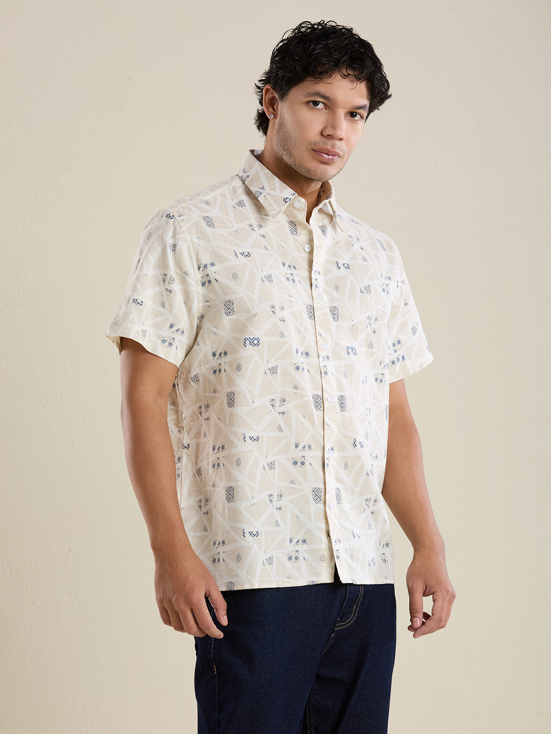 Men's Half-Sleeves Slim Fit Beige Printed Linen Shirt | Mark & Albert