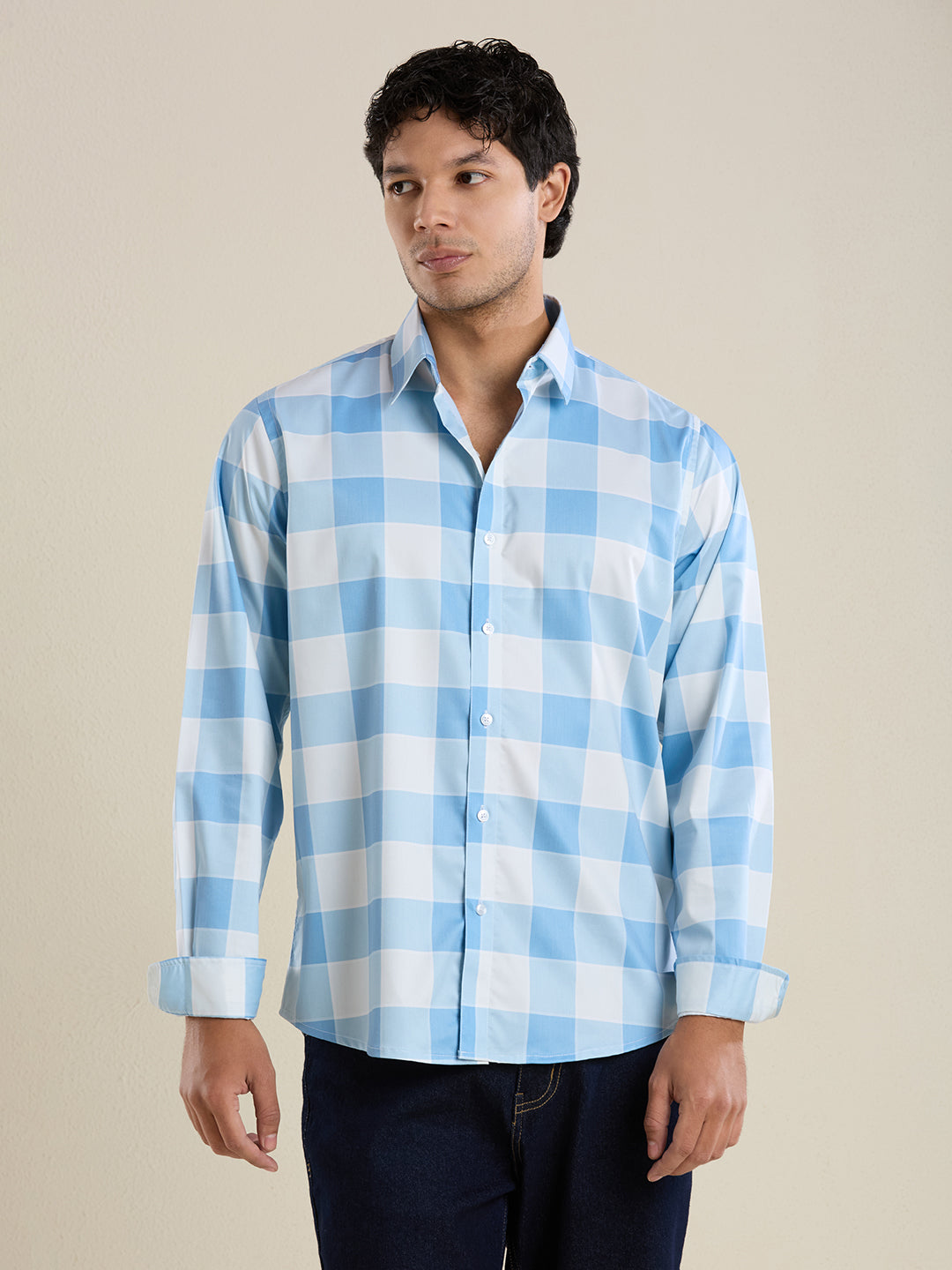 Men's Slim Fit Blue Checks Cotton Casual Shirt | Mark & Albert