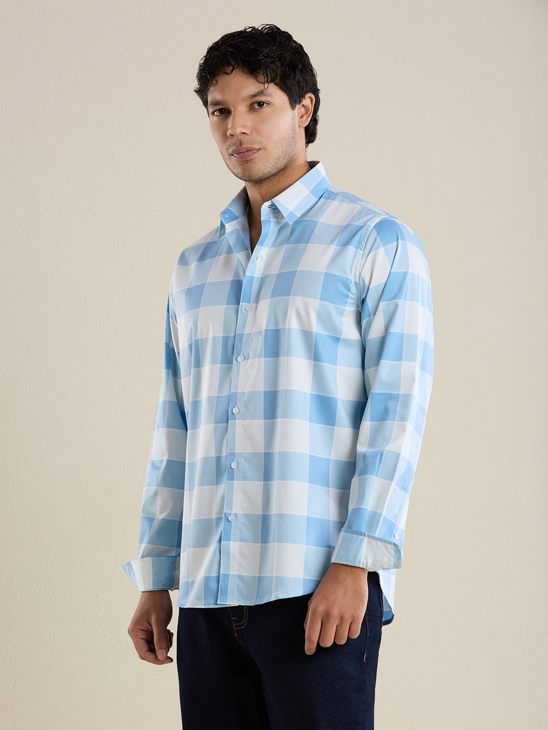 Men's Slim Fit Blue Checks Cotton Casual Shirt | Mark & Albert