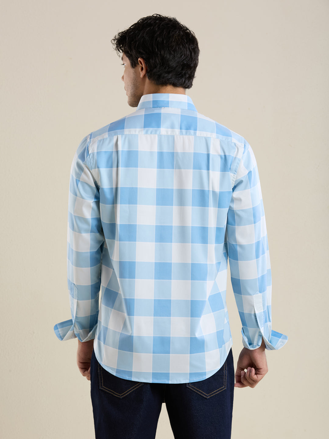 Men's Slim Fit Blue Checks Cotton Casual Shirt | Mark & Albert