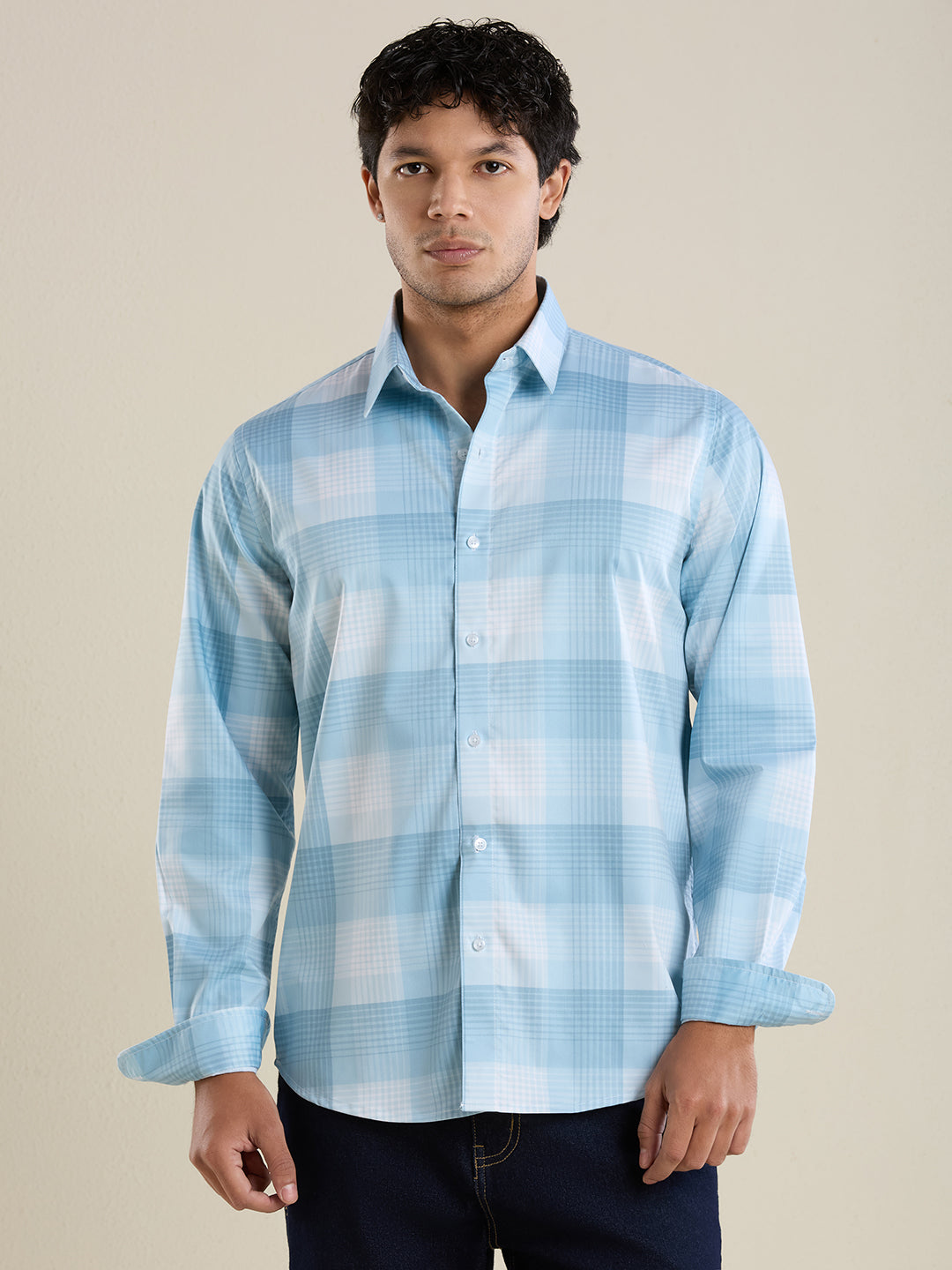 Men's Slim Fit Blue Checks Cotton Casual Shirt | Mark & Albert