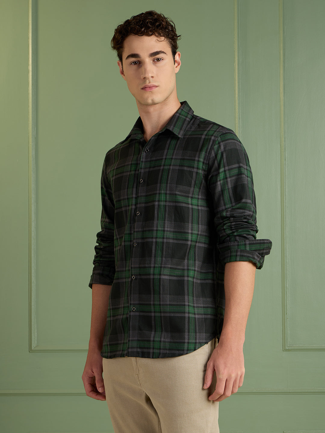 Men’s Black & Green Checkered 100% Cotton Slim Fit Casual Shirt | MARK & ALBERT