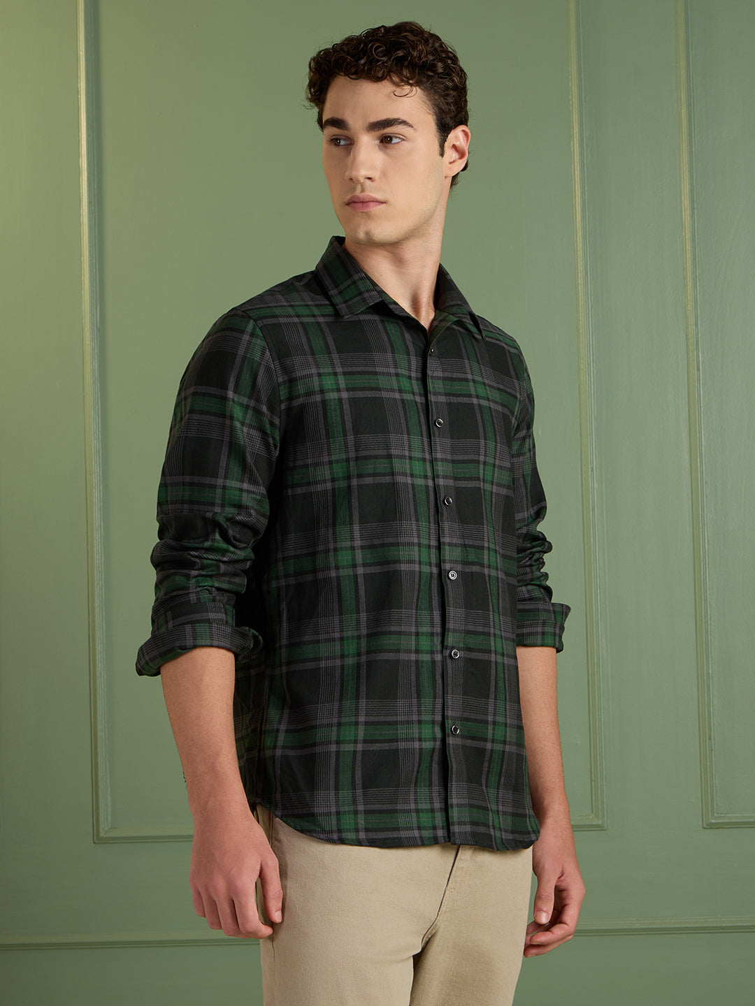 Men’s Black & Green Checkered 100% Cotton Slim Fit Casual Shirt | MARK & ALBERT