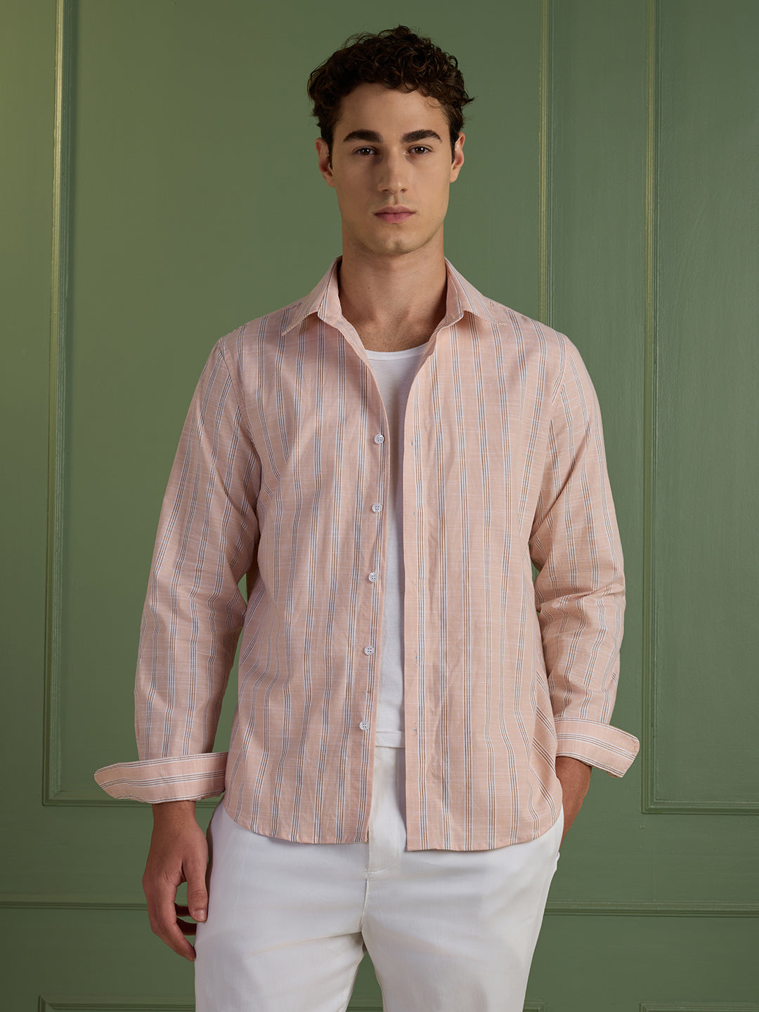 Men's Slim Fit Peach Striped 100% Cotton Casual Shirt | Mark & Albert