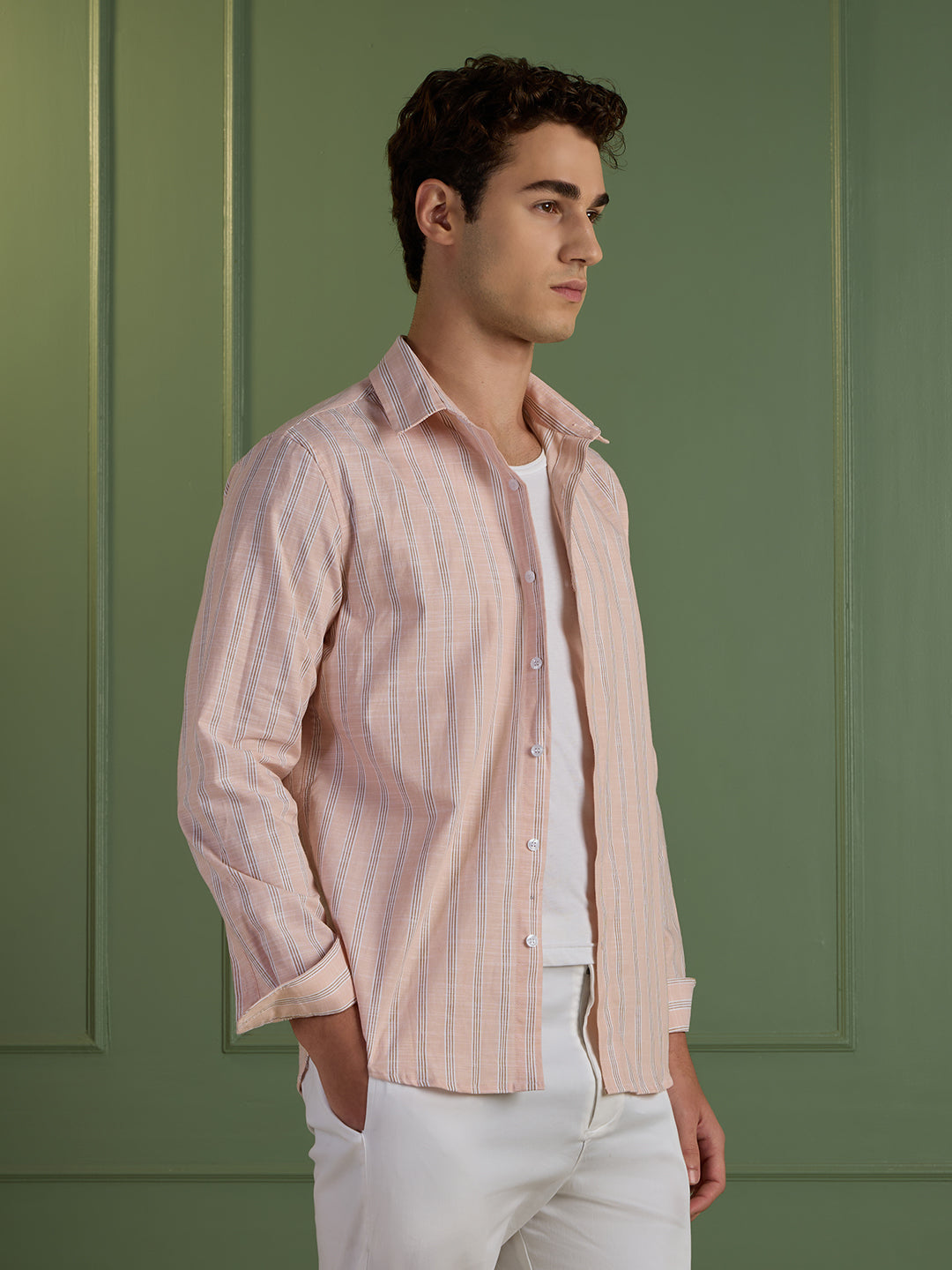 Men's Slim Fit Peach Striped 100% Cotton Casual Shirt | Mark & Albert