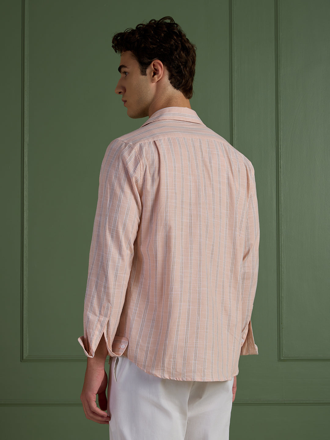 Men's Slim Fit Peach Striped 100% Cotton Casual Shirt | Mark & Albert