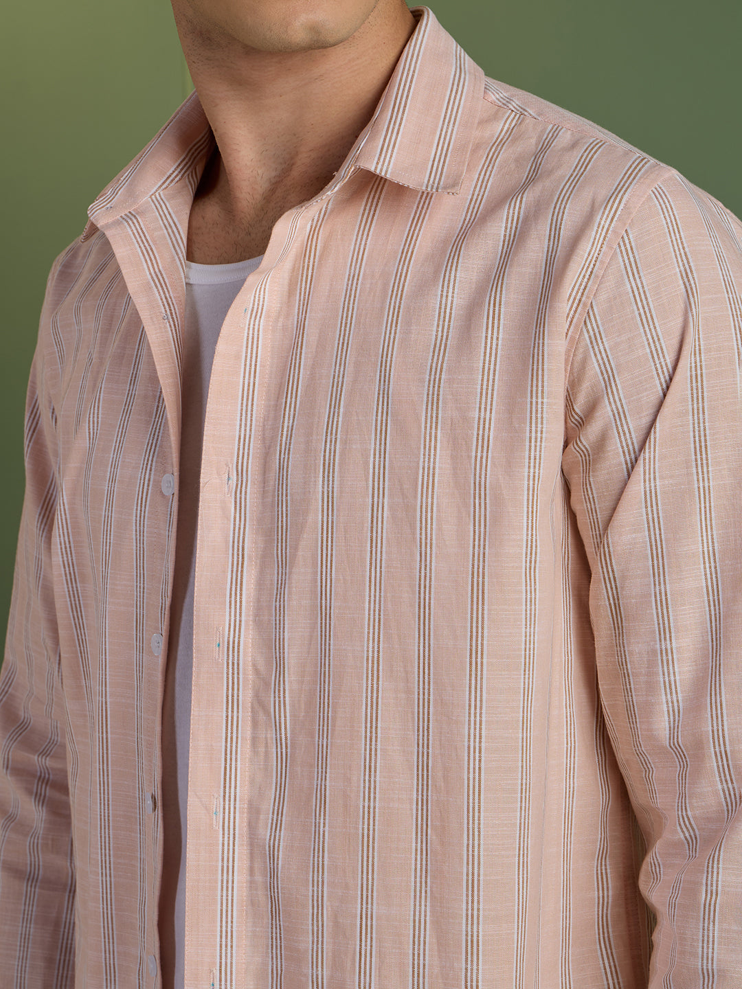 Men's Slim Fit Peach Striped 100% Cotton Casual Shirt | Mark & Albert