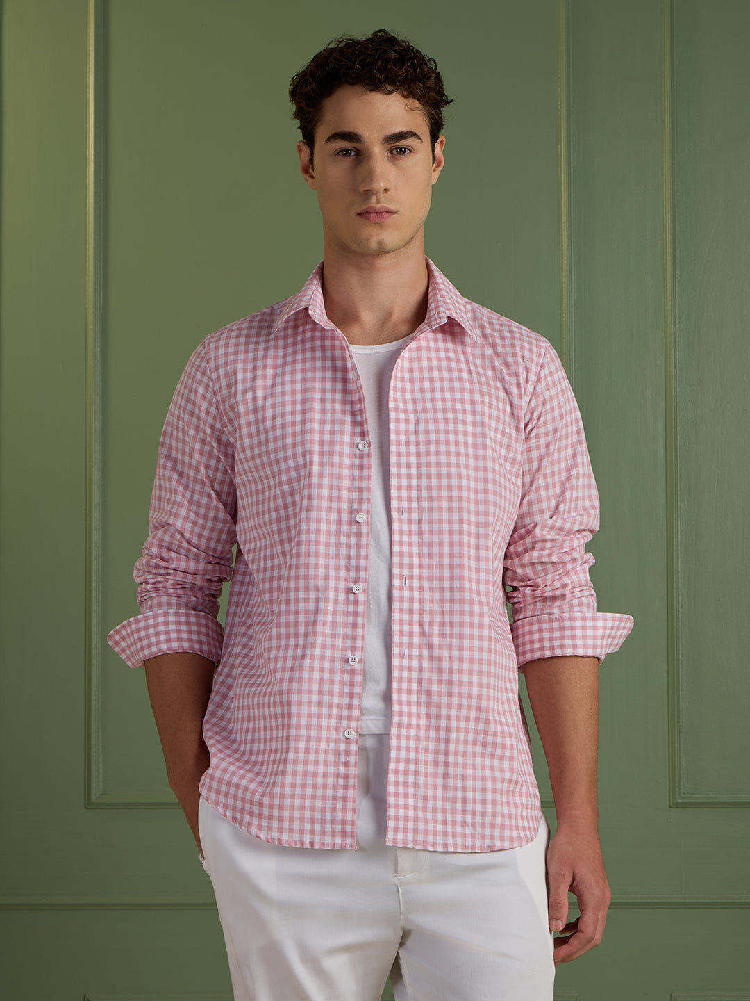 Men's Slim Fit Pink Checks 100% Cotton Casual Shirt | Mark & Albert
