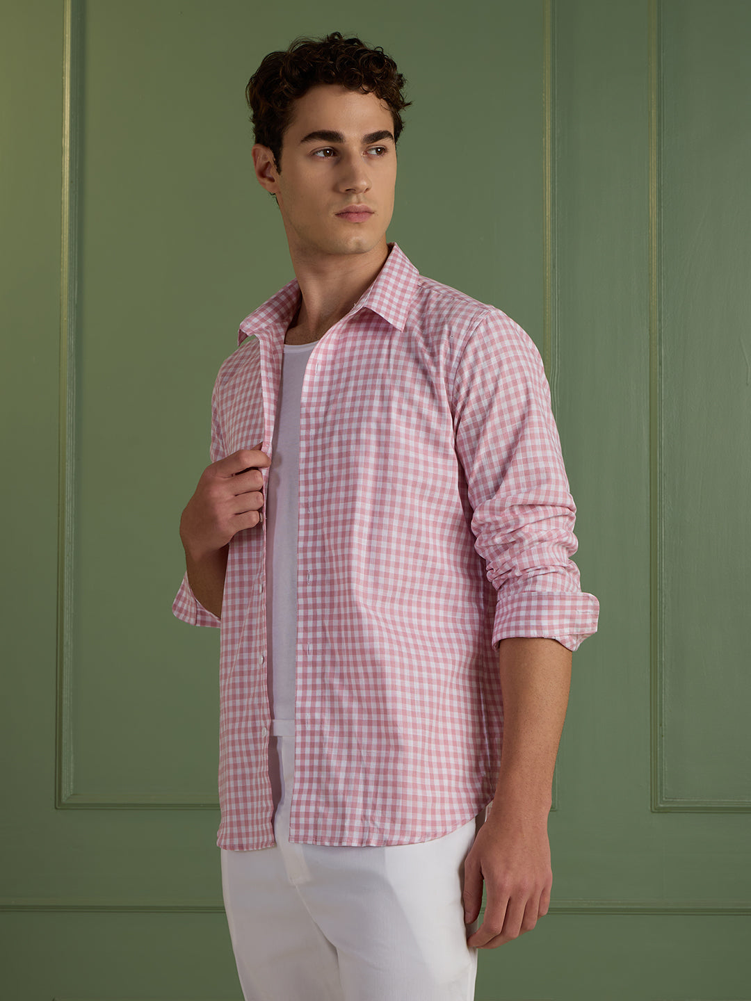 Men's Slim Fit Pink Checks 100% Cotton Casual Shirt | Mark & Albert