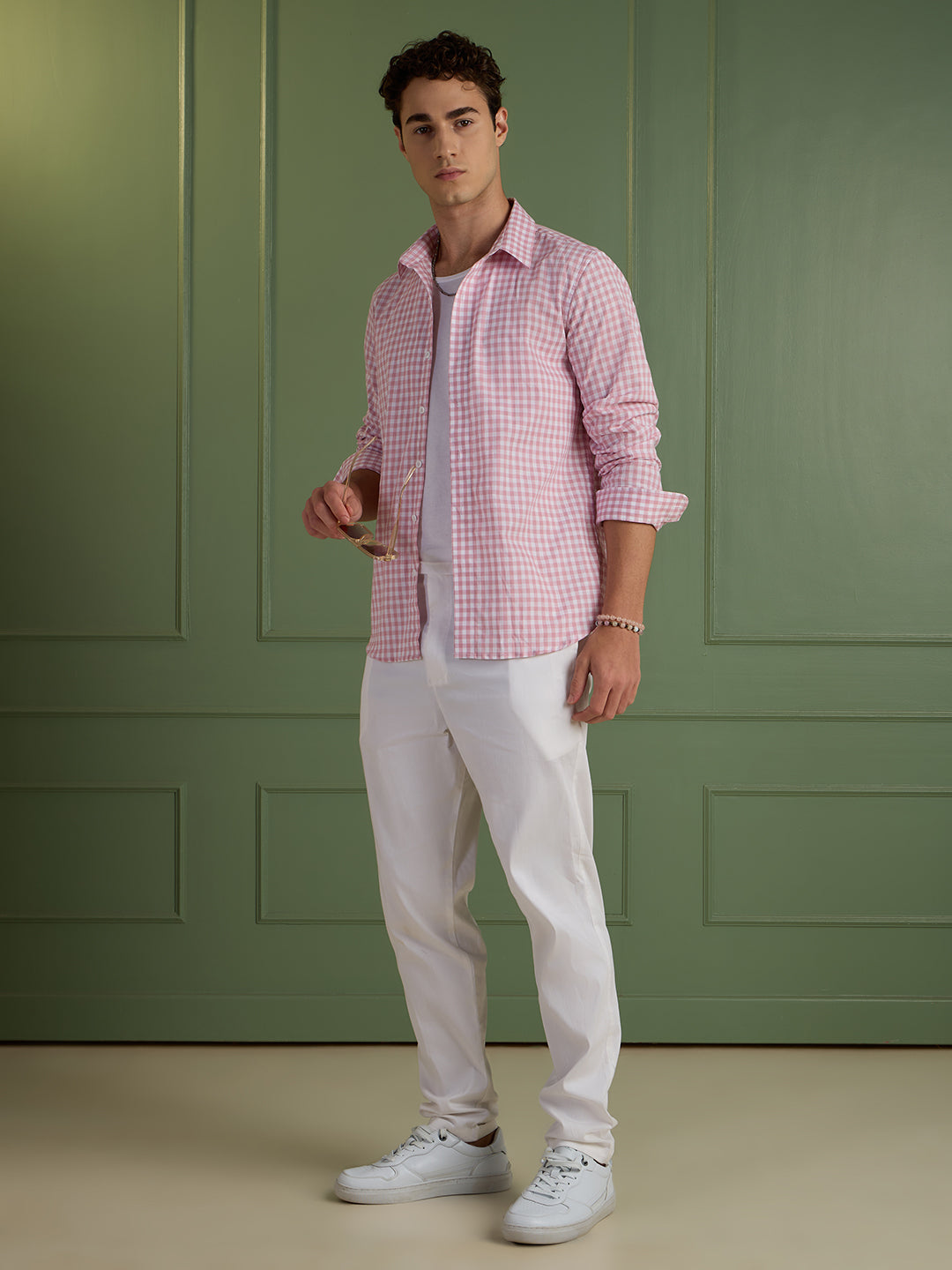 Men's Slim Fit Pink Checks 100% Cotton Casual Shirt | Mark & Albert