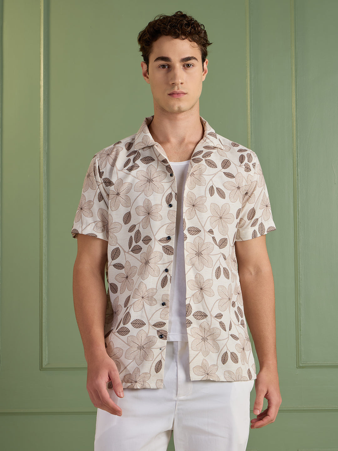 Men's Regular Fit Beige Floral Cuban Collar Half-Sleeves Shirt | MARK & ALBERT