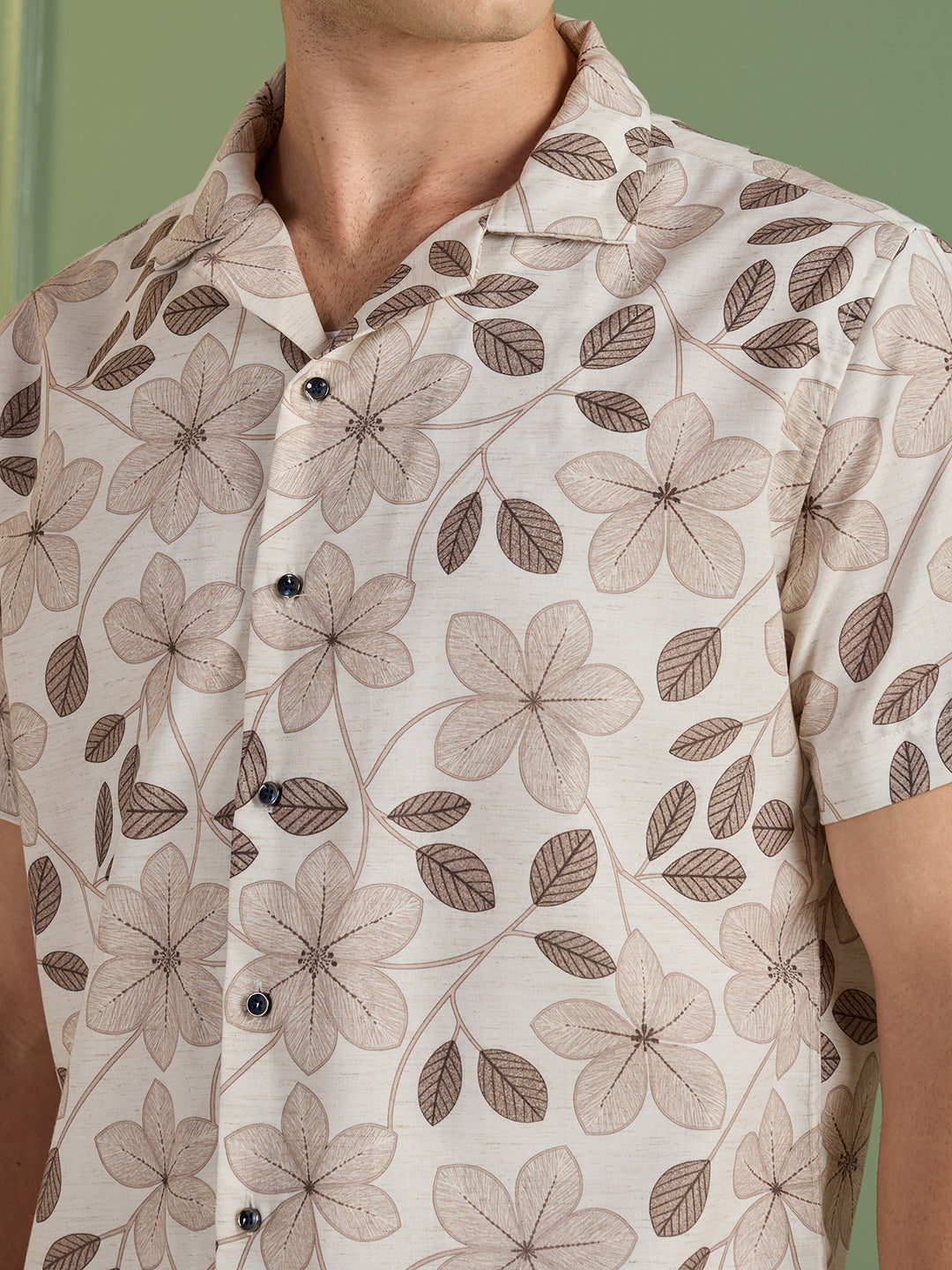 Men's Regular Fit Beige Floral Cuban Collar Half-Sleeves Shirt | MARK & ALBERT