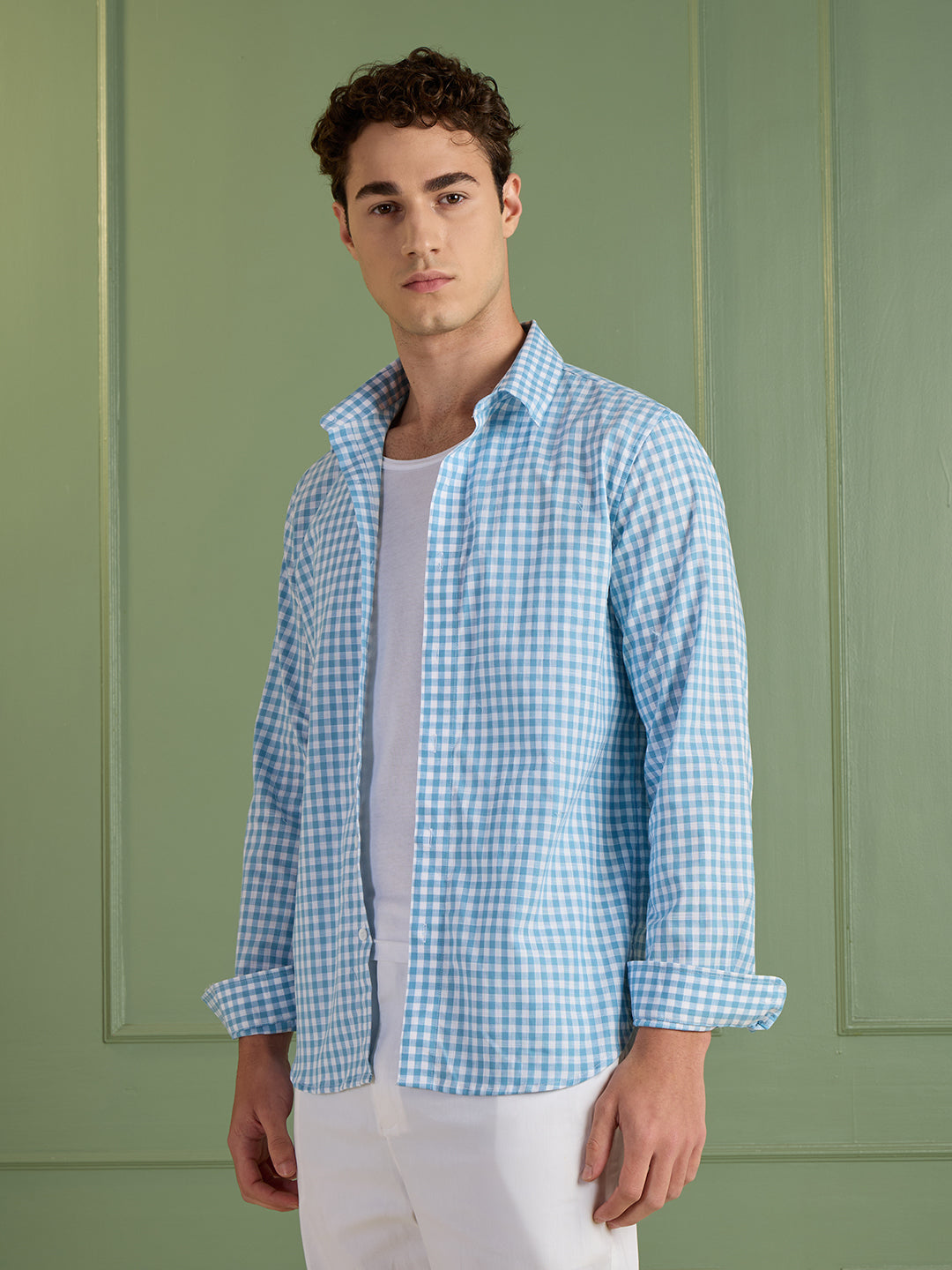 Men's Slim Fit Blue Checks 100% Cotton Casual Shirt | Mark & Albert