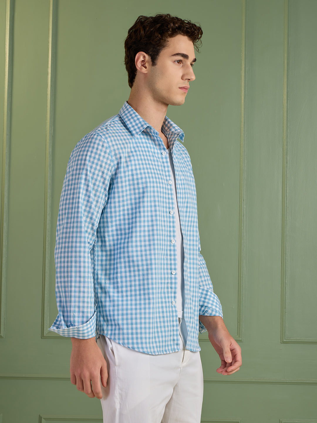 Men's Slim Fit Blue Checks 100% Cotton Casual Shirt | Mark & Albert