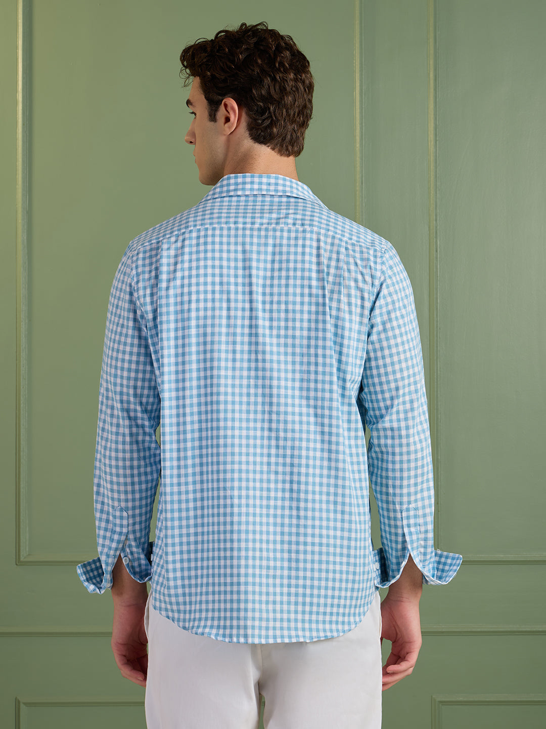 Men's Slim Fit Blue Checks 100% Cotton Casual Shirt | Mark & Albert