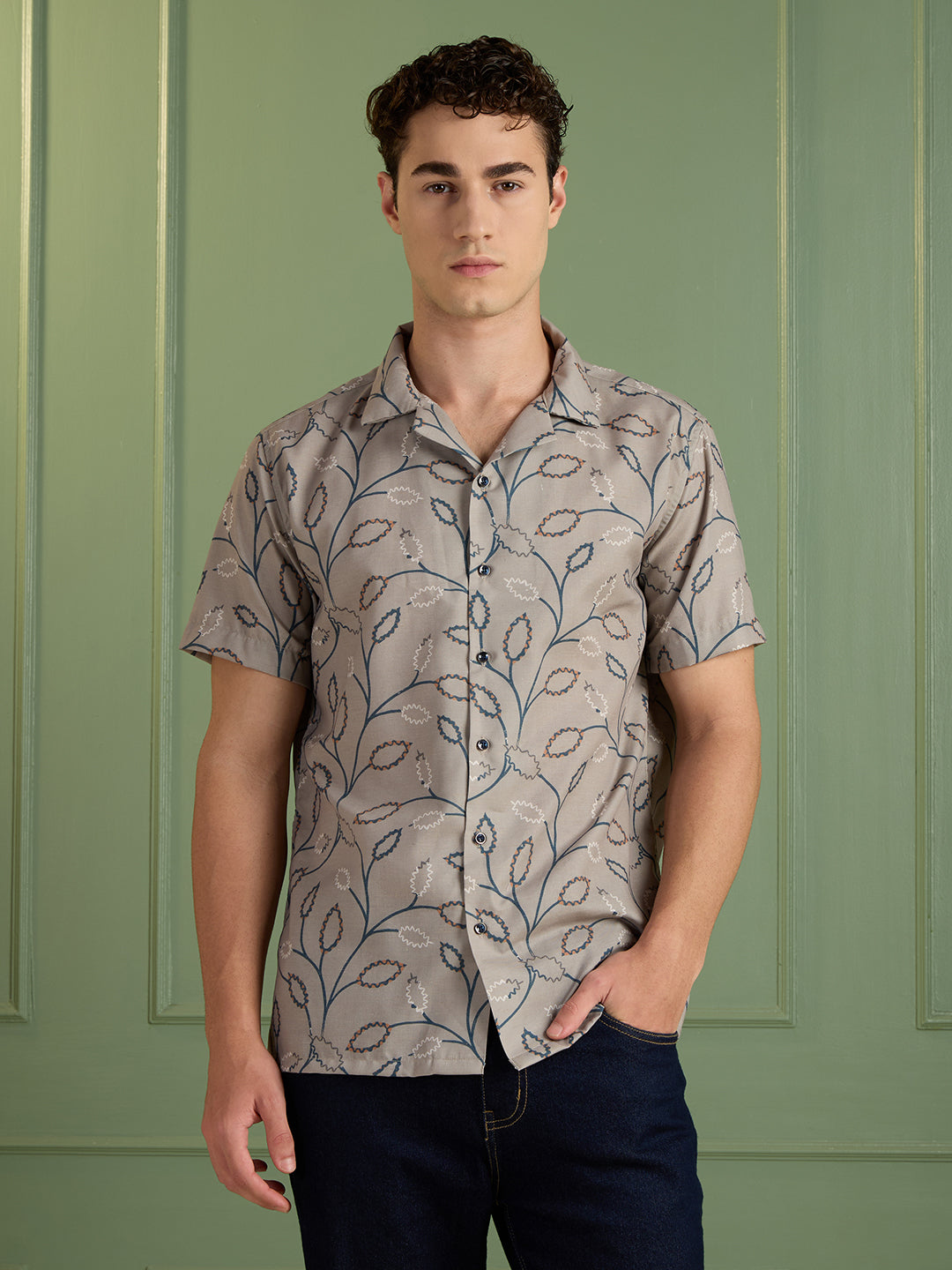 Men's Regular Fit Brown Printed Cuban Collar Half-Sleeves Shirt | MARK & ALBERT