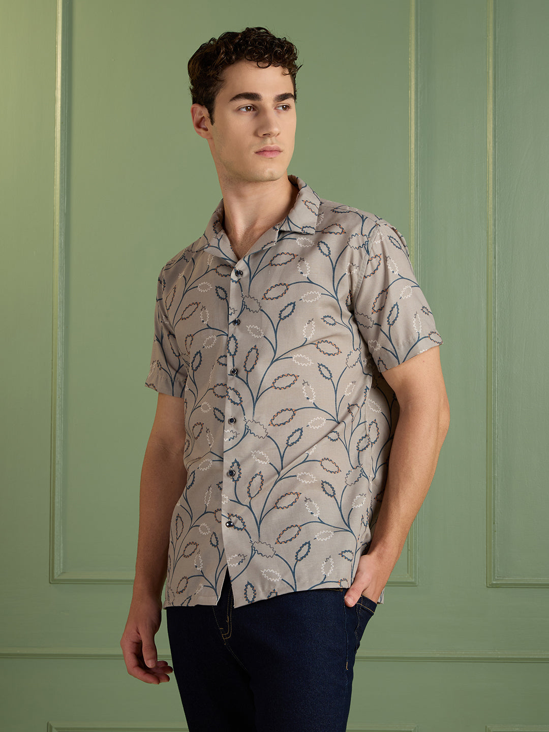 Men's Regular Fit Brown Printed Cuban Collar Half-Sleeves Shirt | MARK & ALBERT