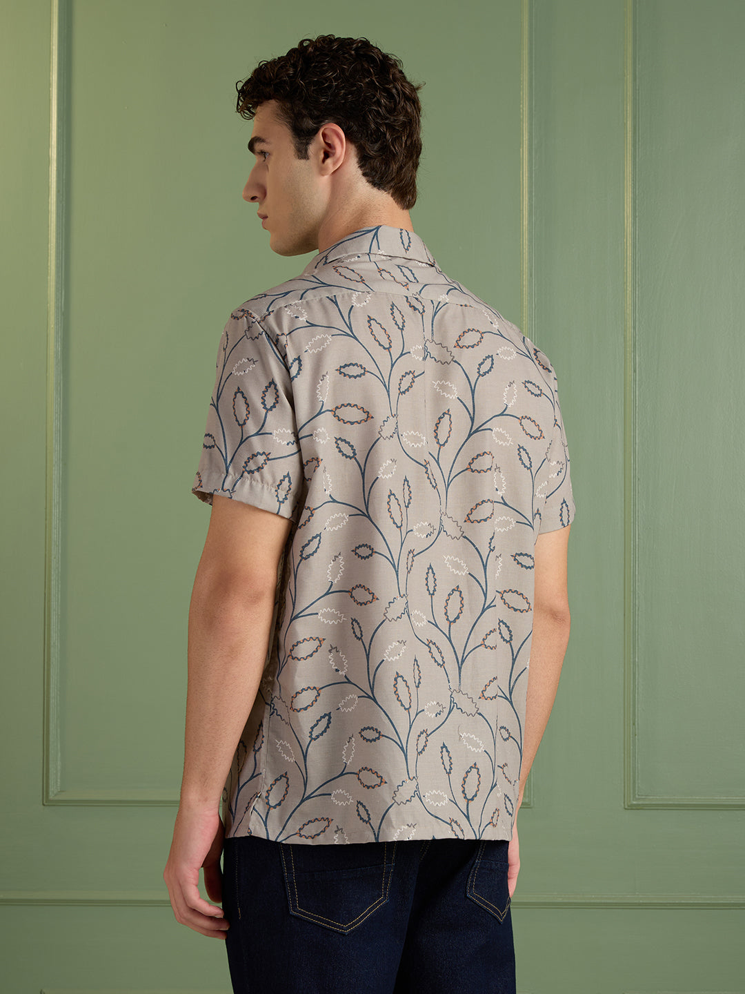 Men's Regular Fit Brown Printed Cuban Collar Half-Sleeves Shirt | MARK & ALBERT