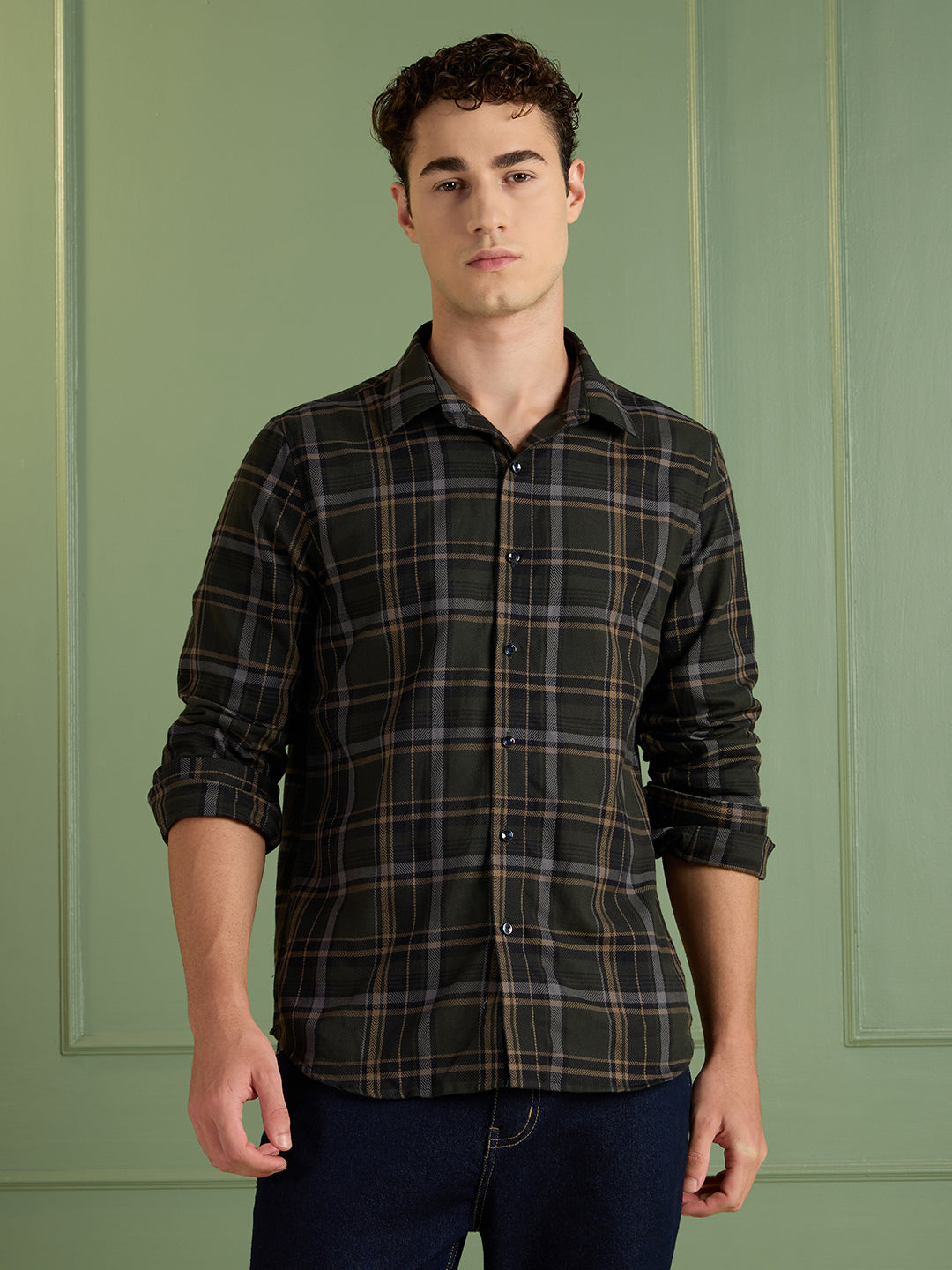 Men's Slim Fit Olive Checks 100% Cotton Casual Shirt | Mark & Albert
