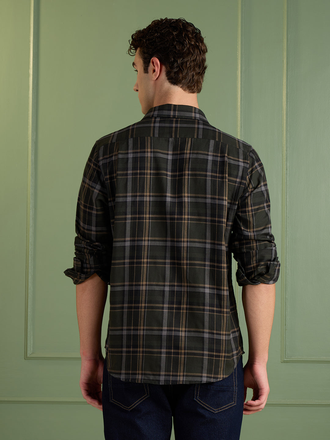 Men's Slim Fit Olive Checks 100% Cotton Casual Shirt | Mark & Albert